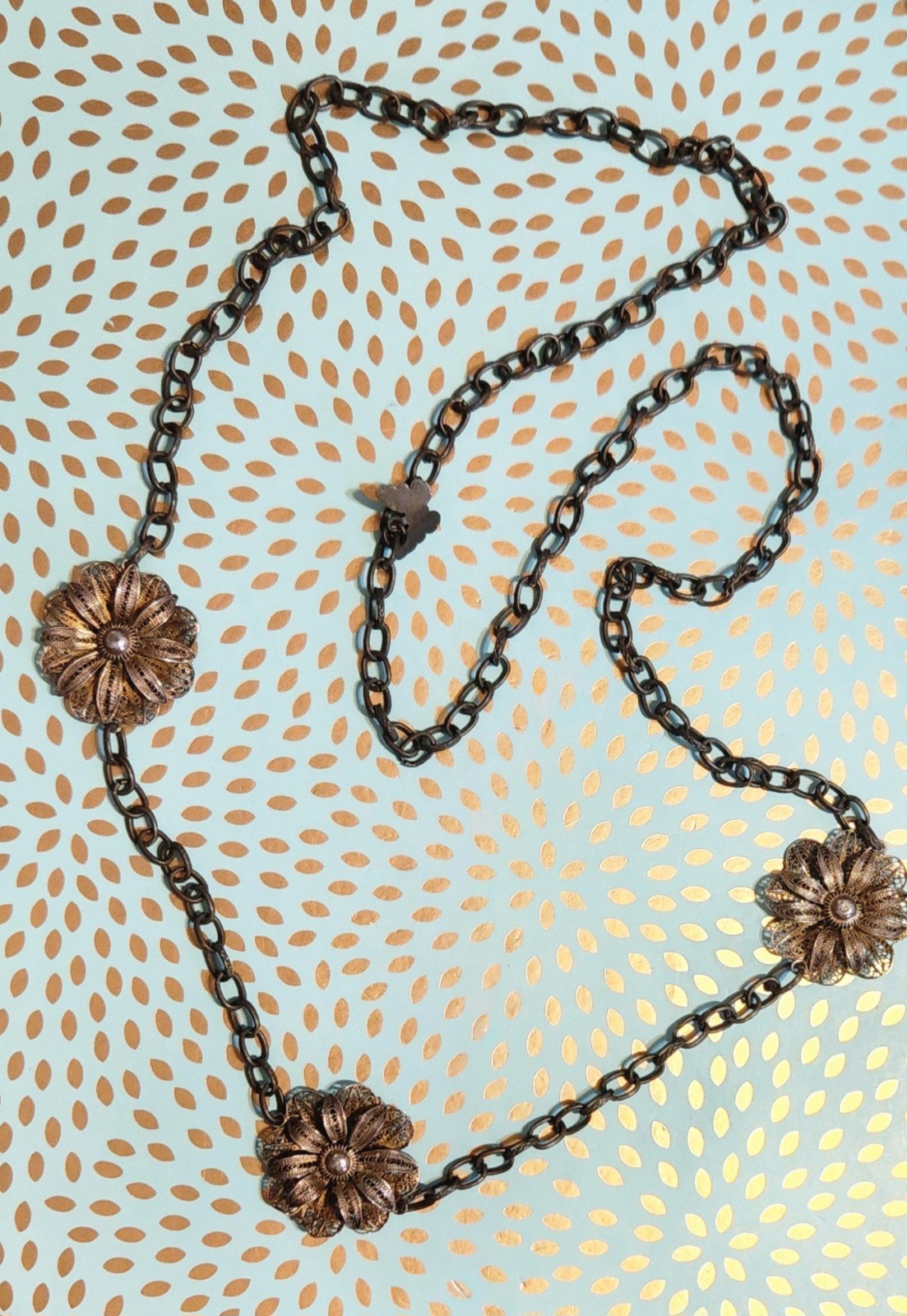 VTG Silver (tested) Filigree Flower Station Charms On Bronze-tone Chain