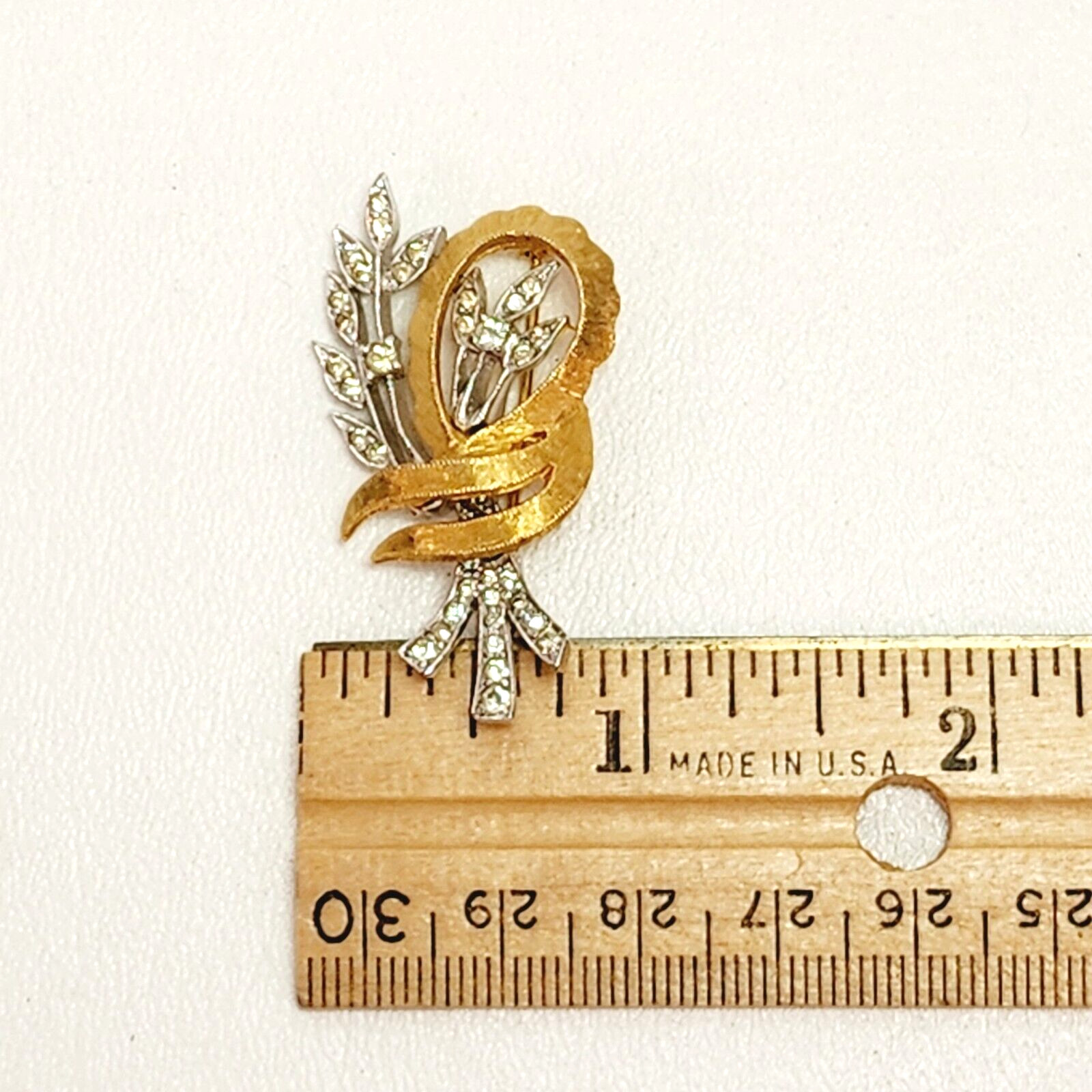 Gold and Silver Tone Flower Leaf Stem Swirl Knot Ribbon Brooch Pin