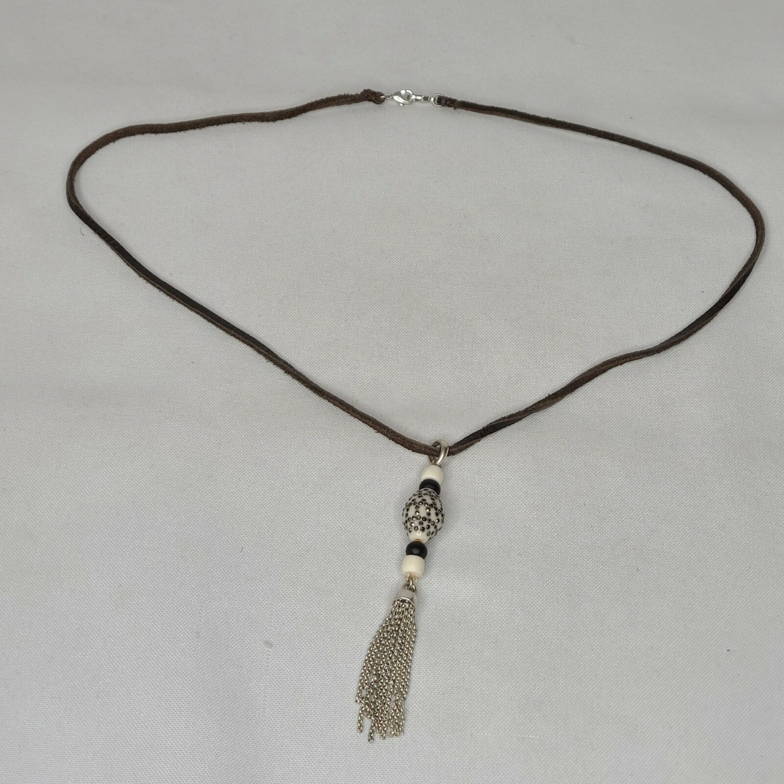 Leather Necklace Rhinestone Spotted Bead Tassel Chain Tassels