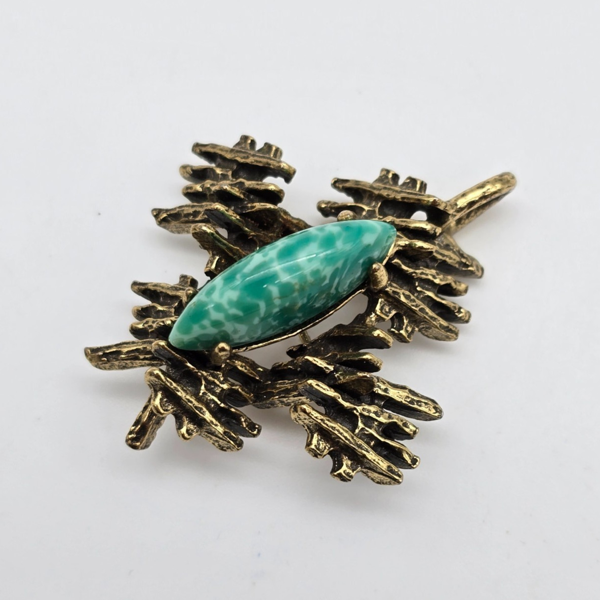 Vintage ZENTALL Brutalist Green Glass Gold Tone Brooch / Pendant
