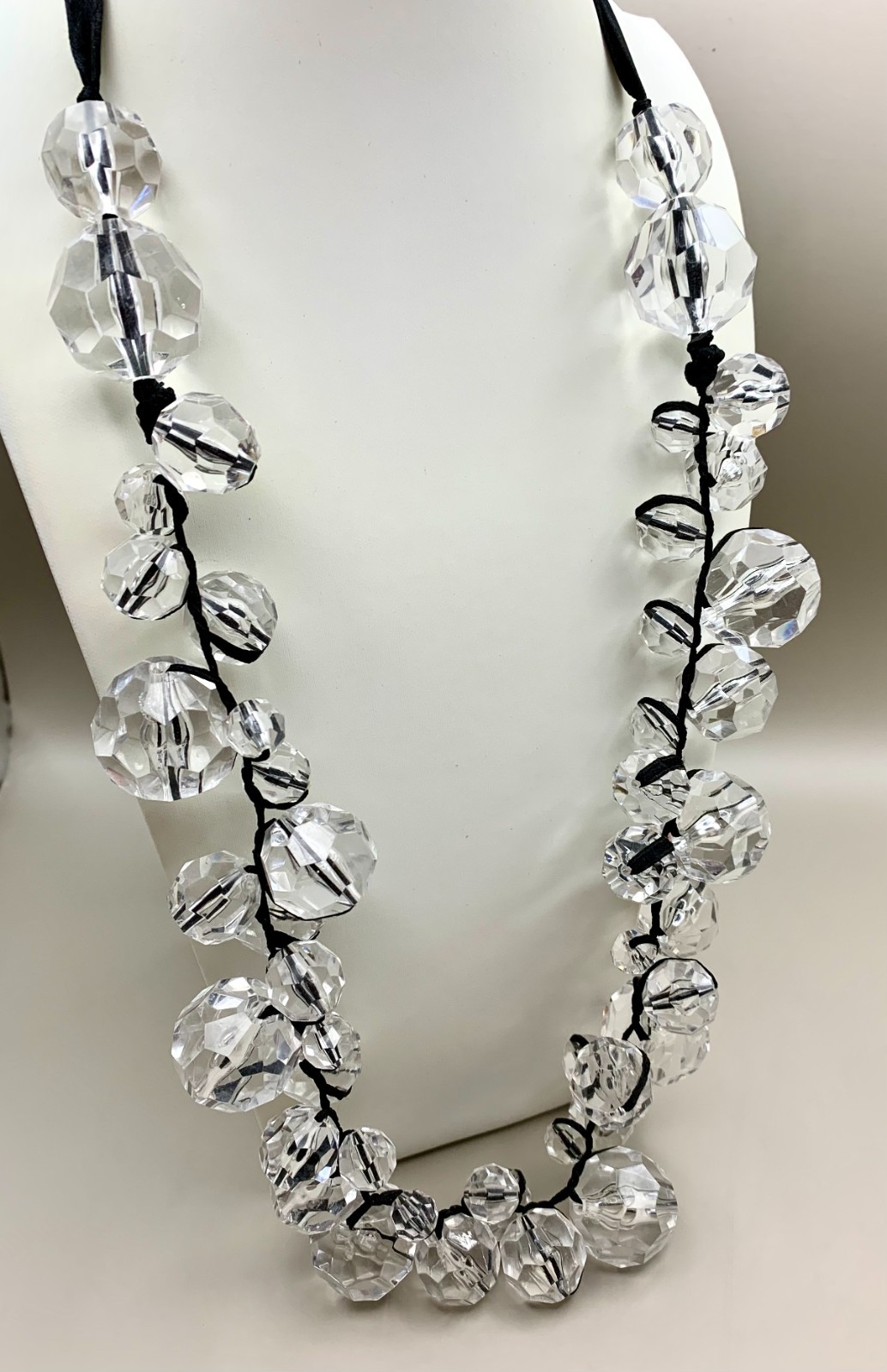 Faceted Clear Acrylic Beaded Cluster Necklace Black Satin Ribbon Statement Long