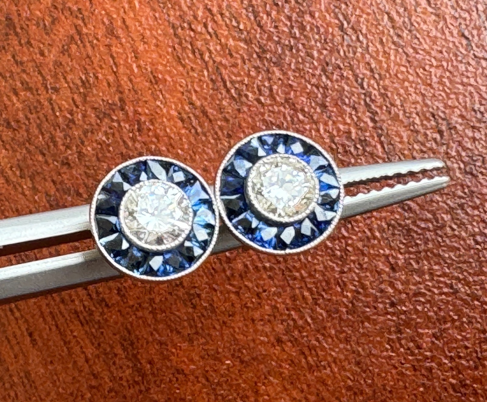 ART DECO STYLE .55 ctw DIAMOND w/ SAPPHIRE HALO PLATINUM EVERYDAY STUD EARRINGS