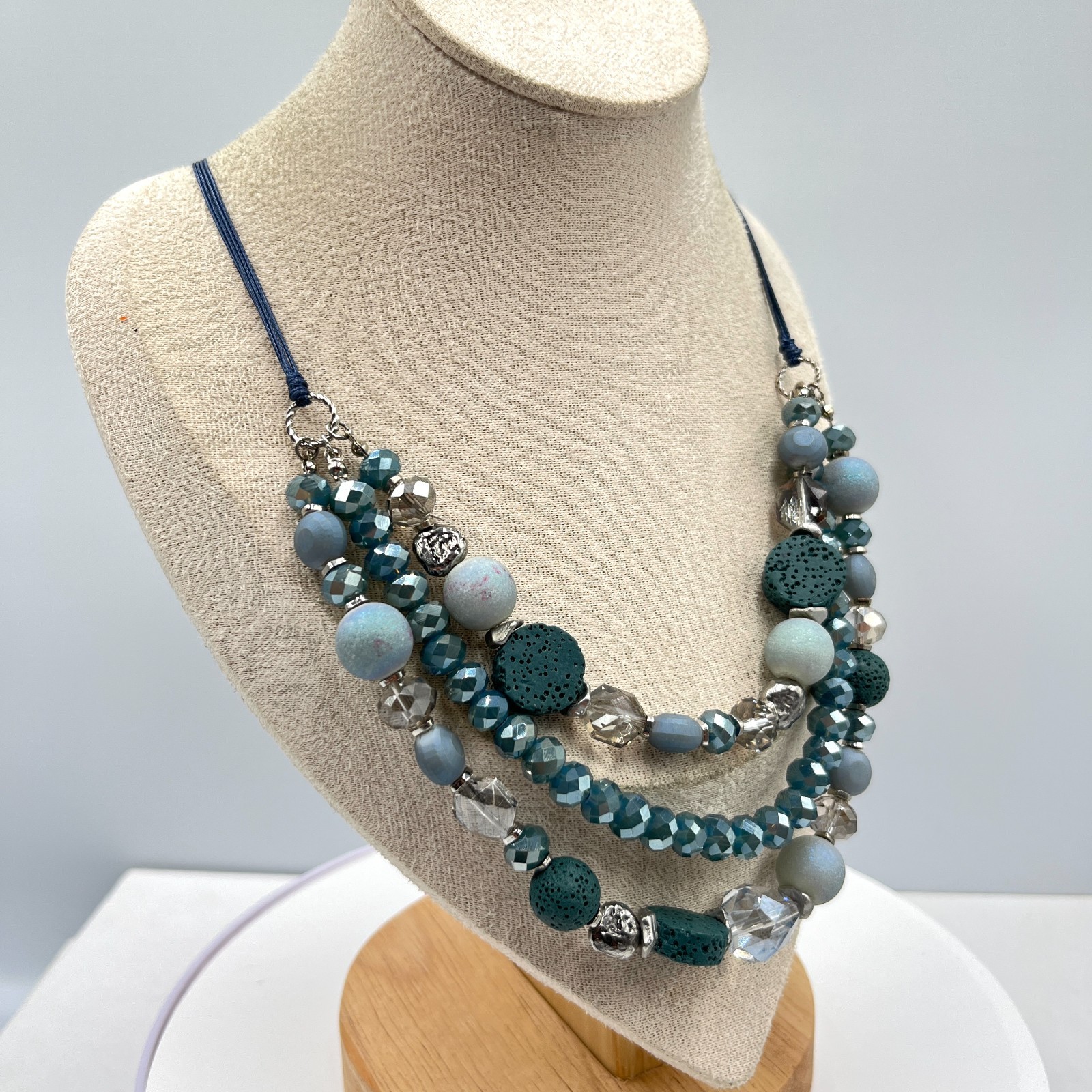 VTG Boho Slate Blue Multi-Strand Statement Necklace Lava Rock Beaded Layered Y2K