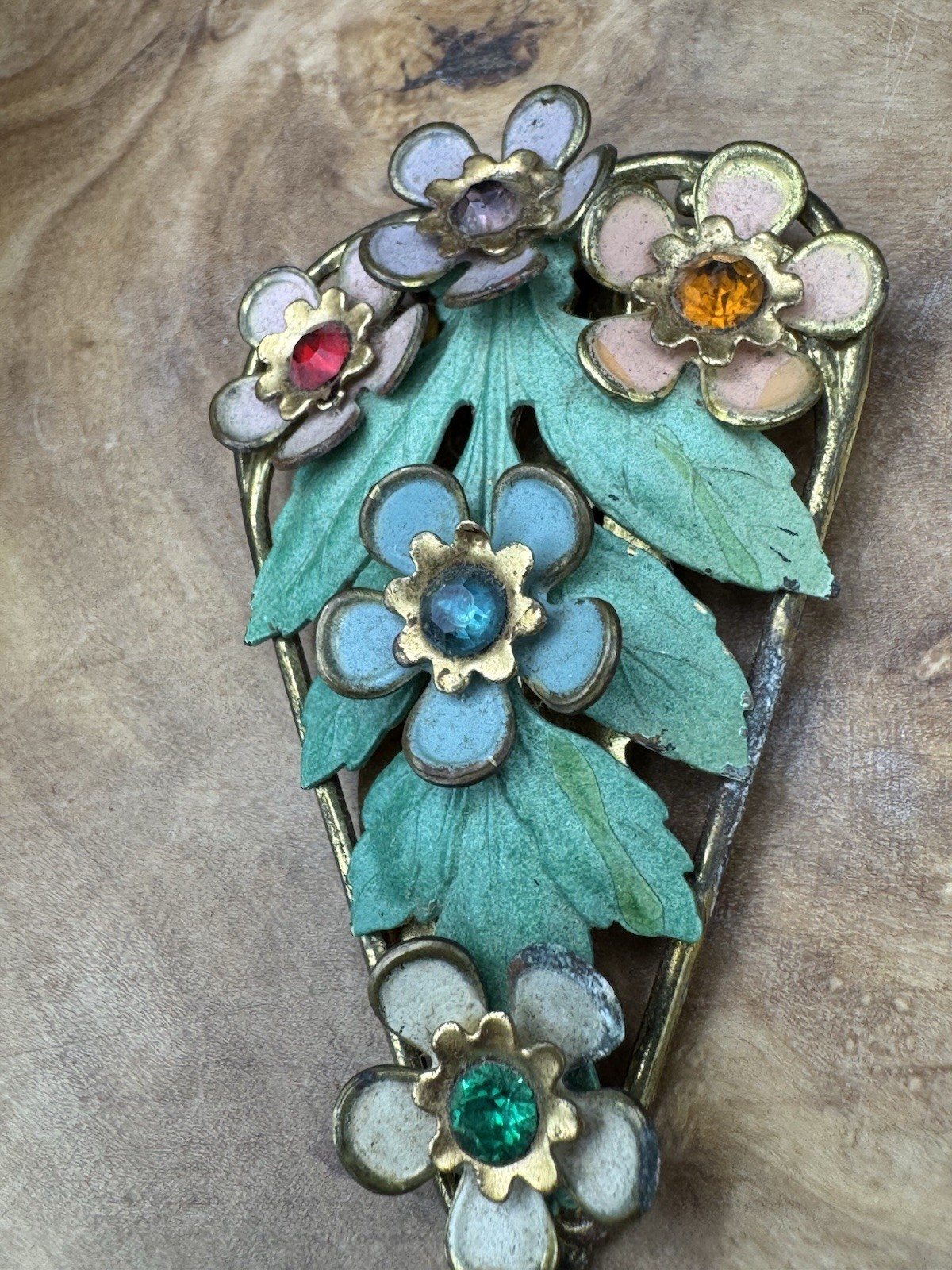 Vtg Heart Brooch Enamel Flowers Leaves Rhinestones Gold Tone