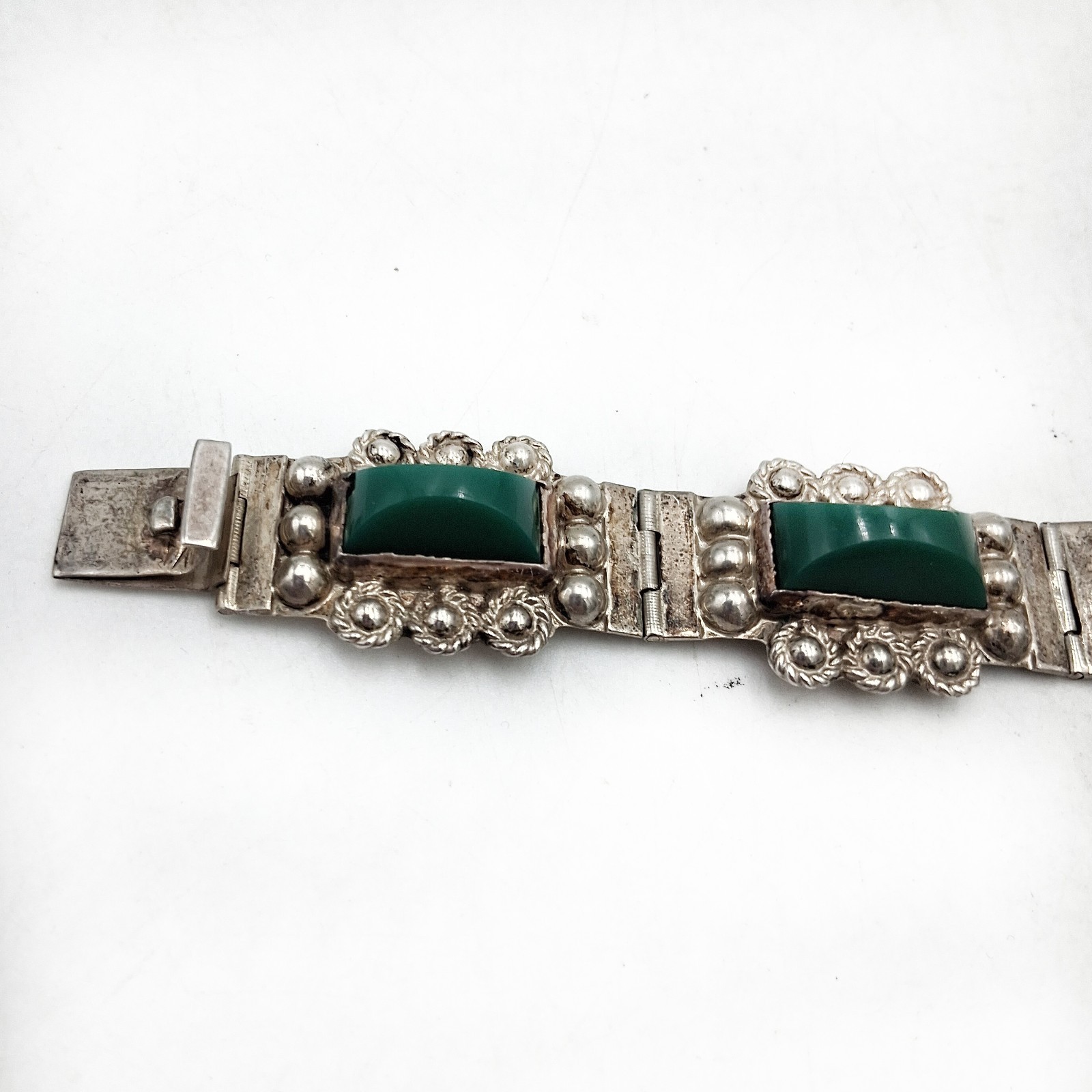 Vintage Sterling Silver Mexico Green Onyx Stones Small Bracelet
