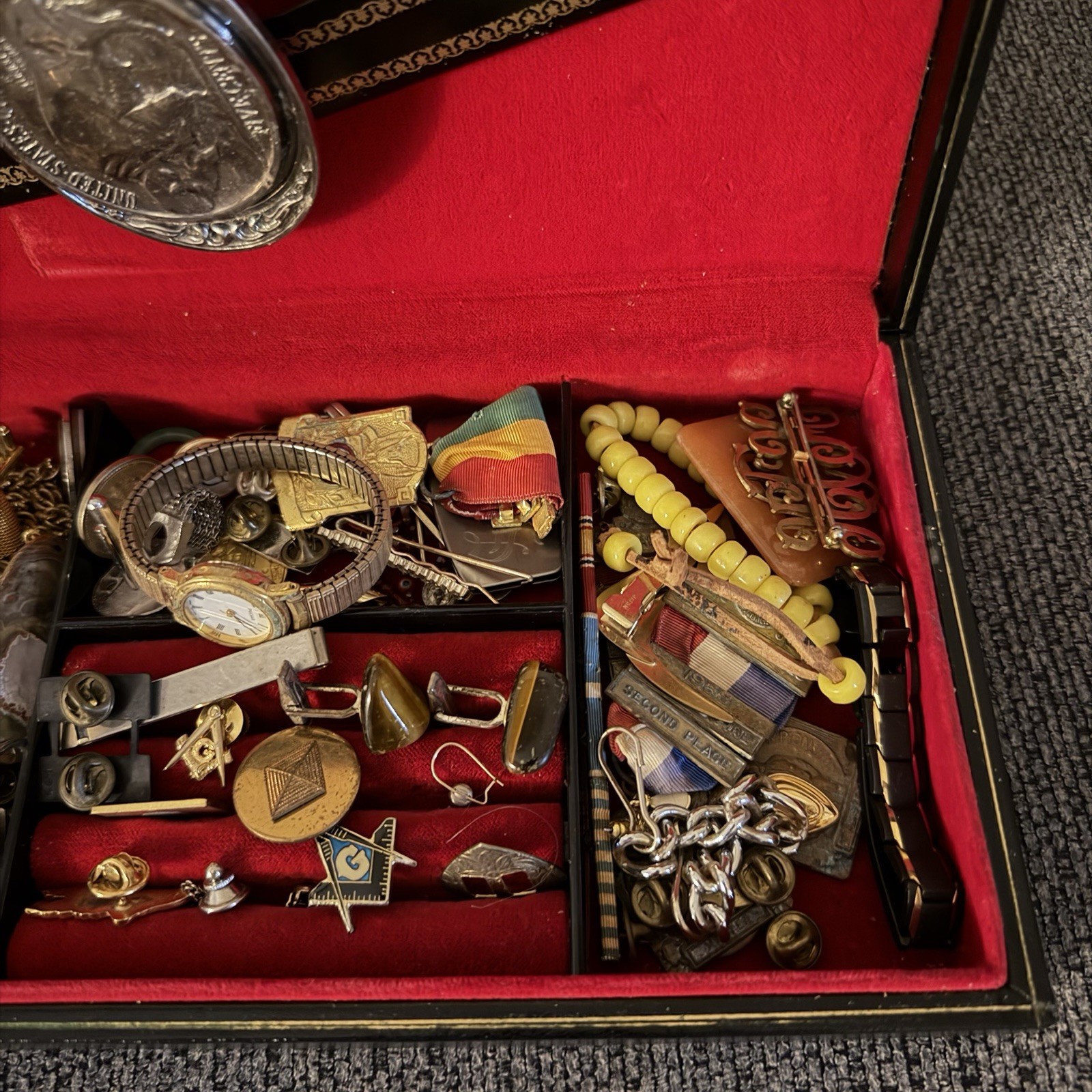 Swank Jewelry Case Filled With Jewelry Cufflinks Ring Pins Coin Watch Misc Junk