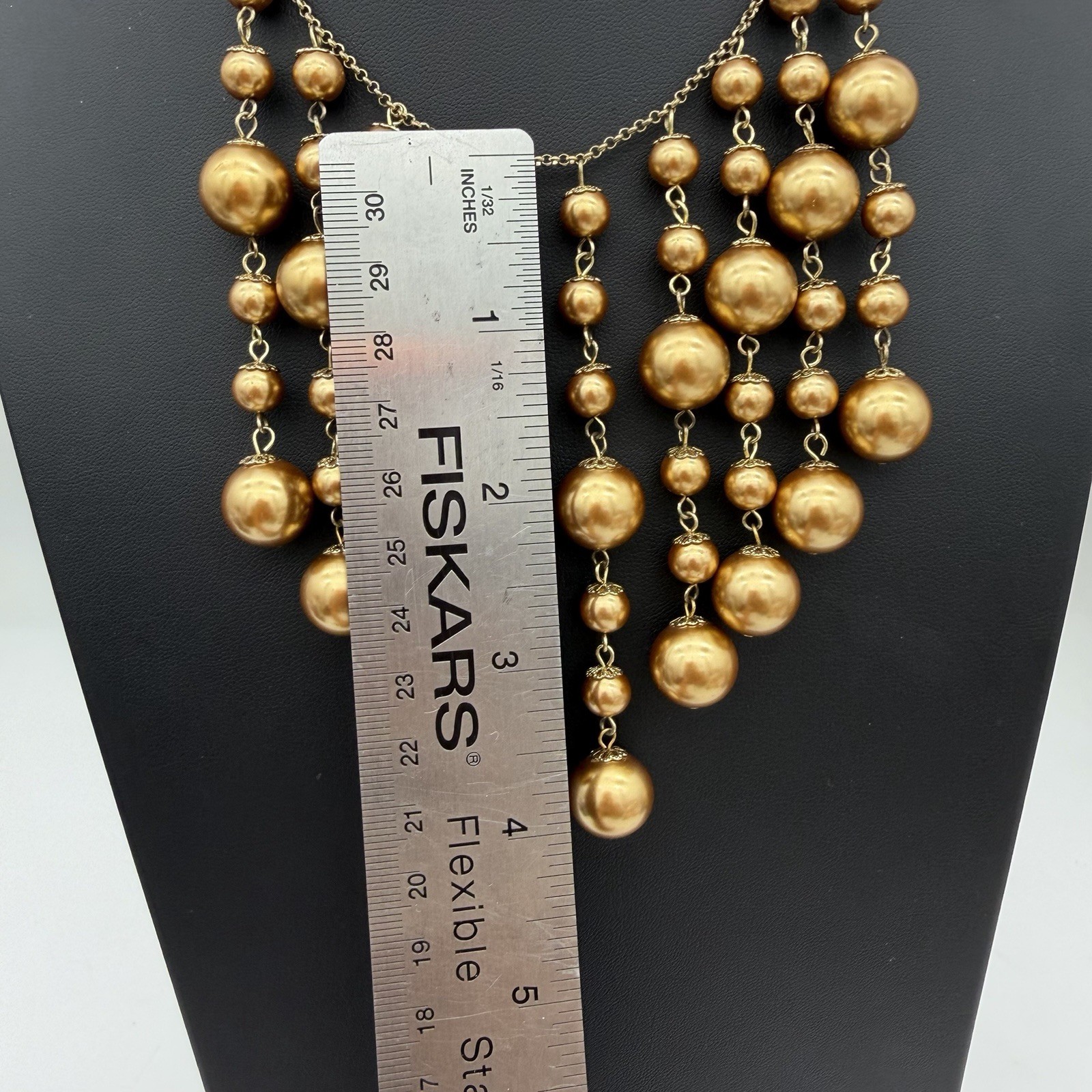 Fringe Necklace Ball Chain Dangle Tassel Gold Tone Pearly Glass Bead Heavy Large