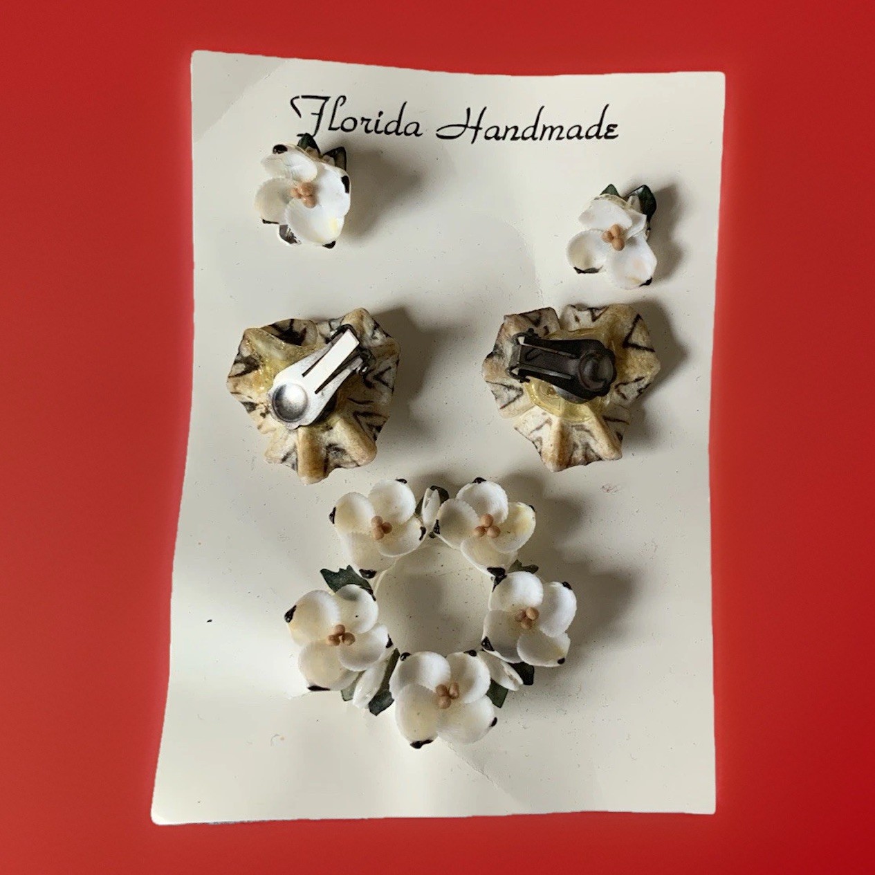 Vintage Handmade Genuine SeaShell 1 Brooch 2 Pairs Of Earrings Shells Florida