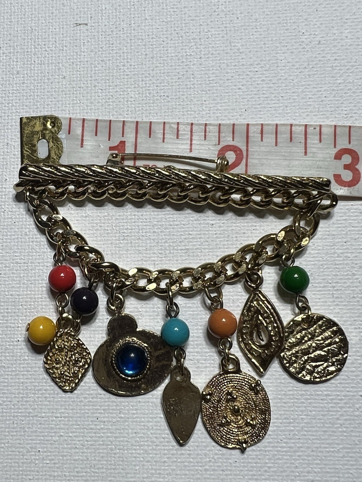 Dangle Bar Brooch Pin Gold Tone Assorted Gemstone charms Retro Vintage beaded