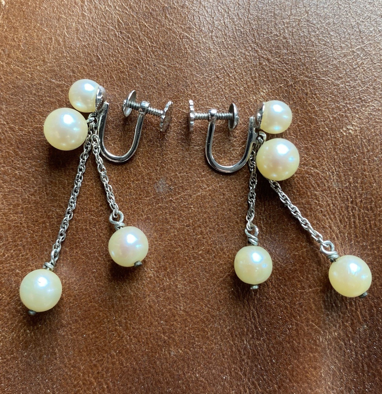 Earrings Champagne Pearls & White Gold 10K Dangle Drop w/ Screw Backs Vintage