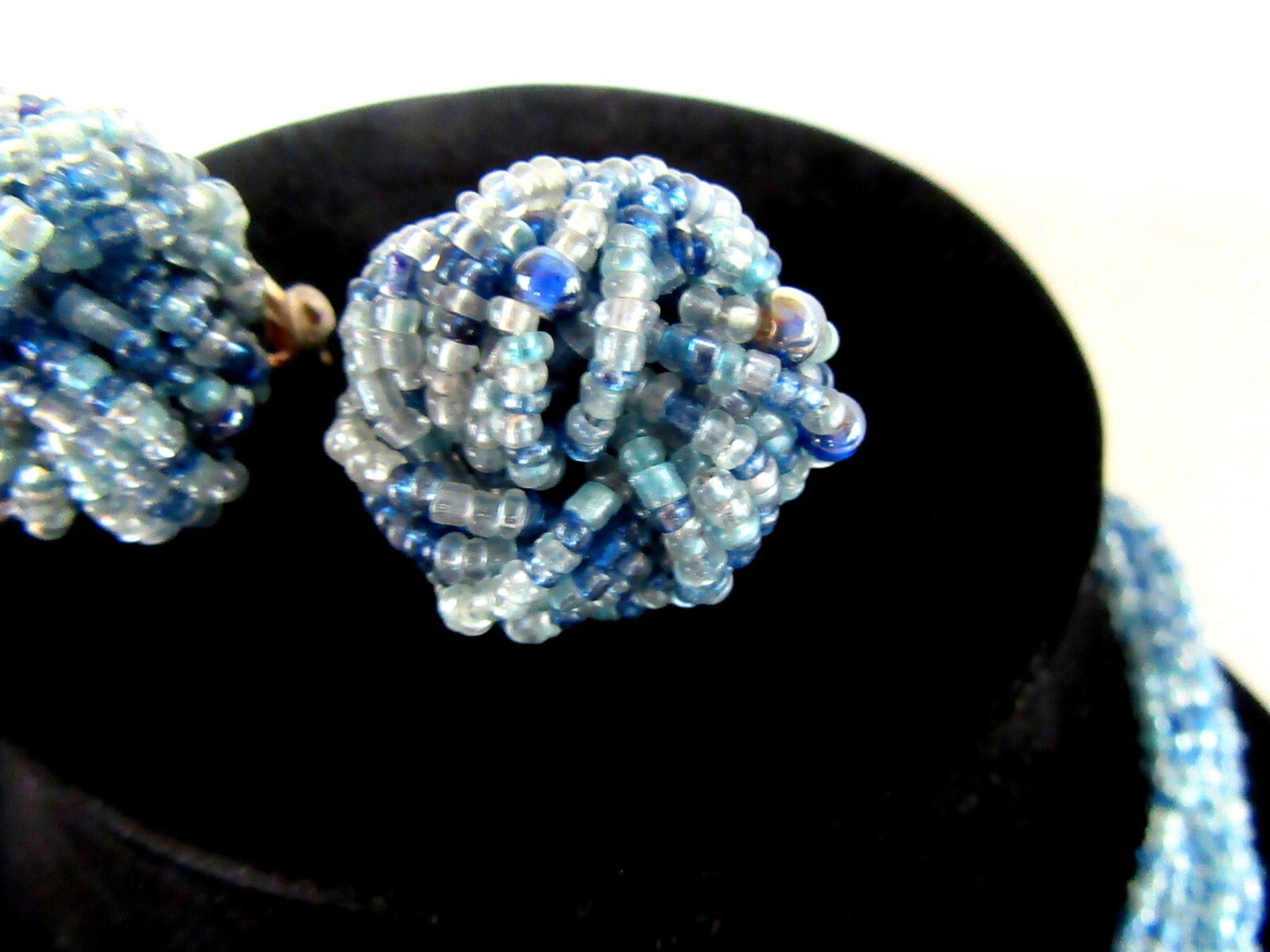 Vintage blue & gray torsade beaded necklace & clip on earrings MCM – Mid Century