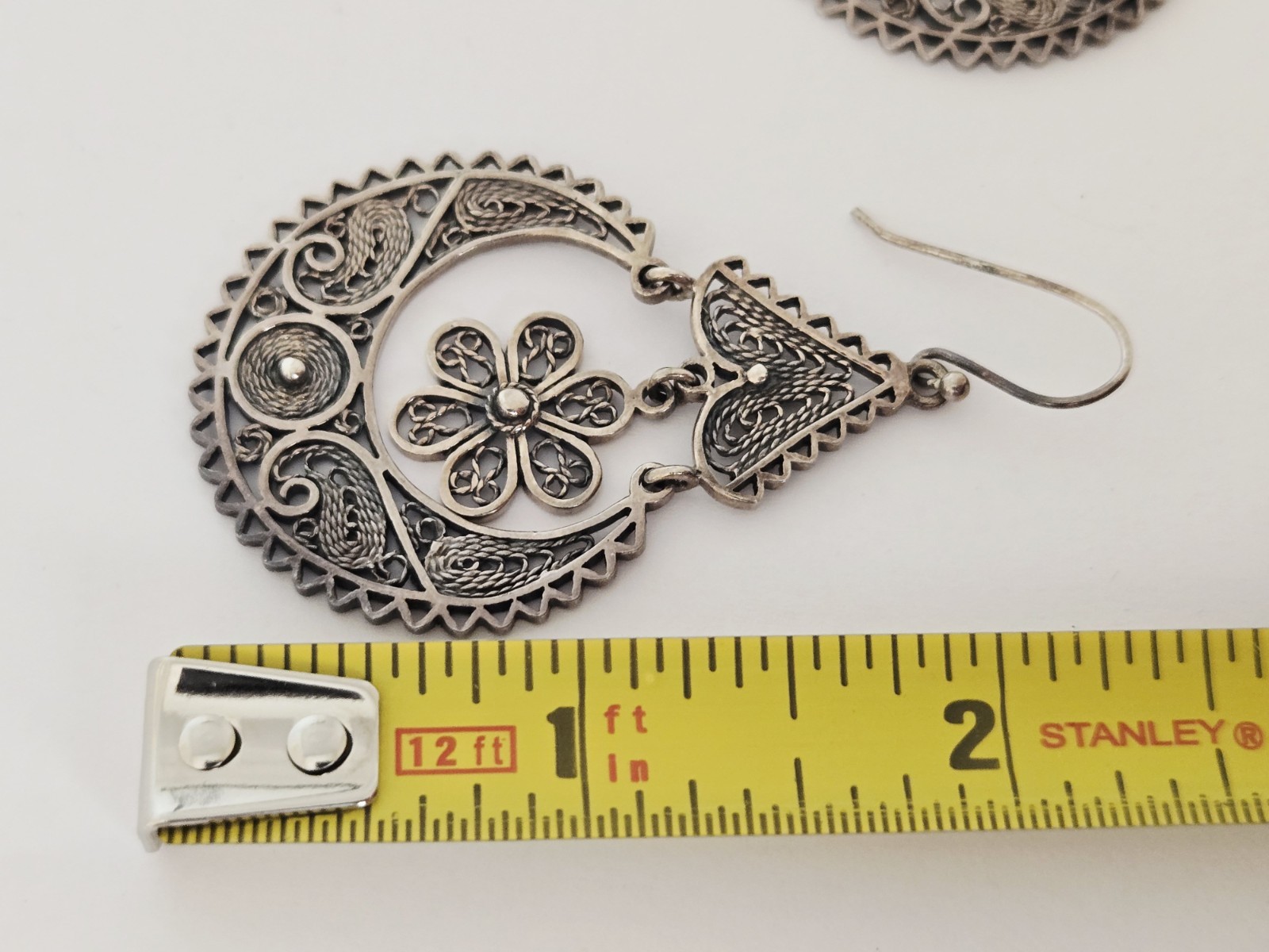 VTG NF Thailand Sterling Silver Cannetille Filigree Flower Boho Dangle Earrings