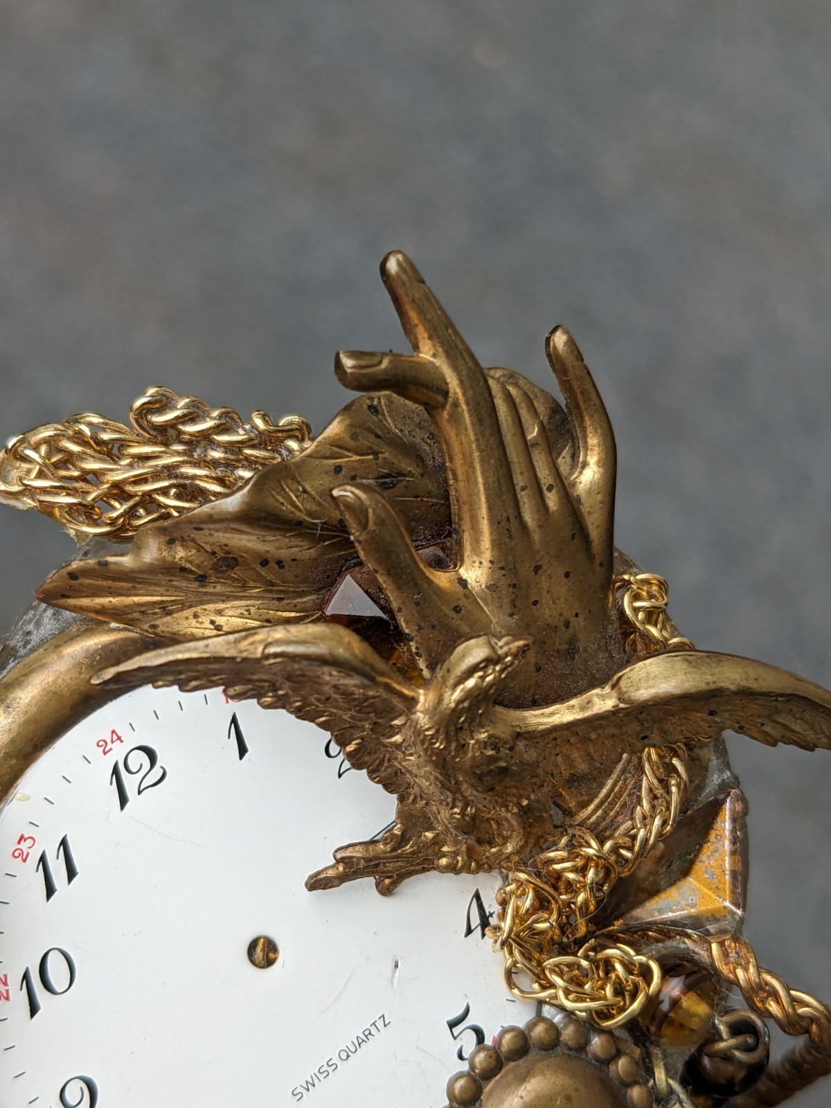 Steampunk John Wind MAXIMAL ART Brooch — Watch Face, Eagle, Hand, Leaf