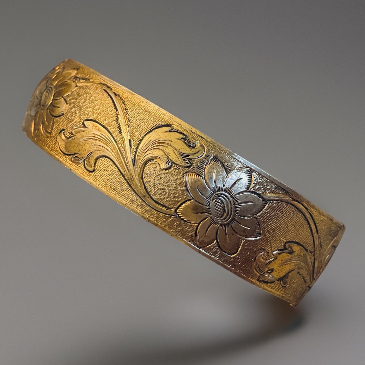 Vintage Bangle Hinged Bracelet Etched Flowers Gold Tone Textured