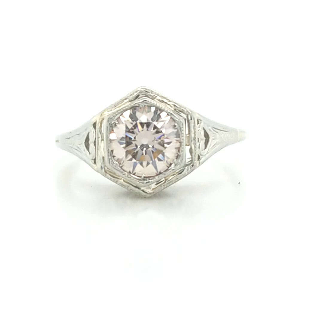 18k White Gold Vintage Engagement Ring 1.10ct.Euro Cut Round Champagne Diamond