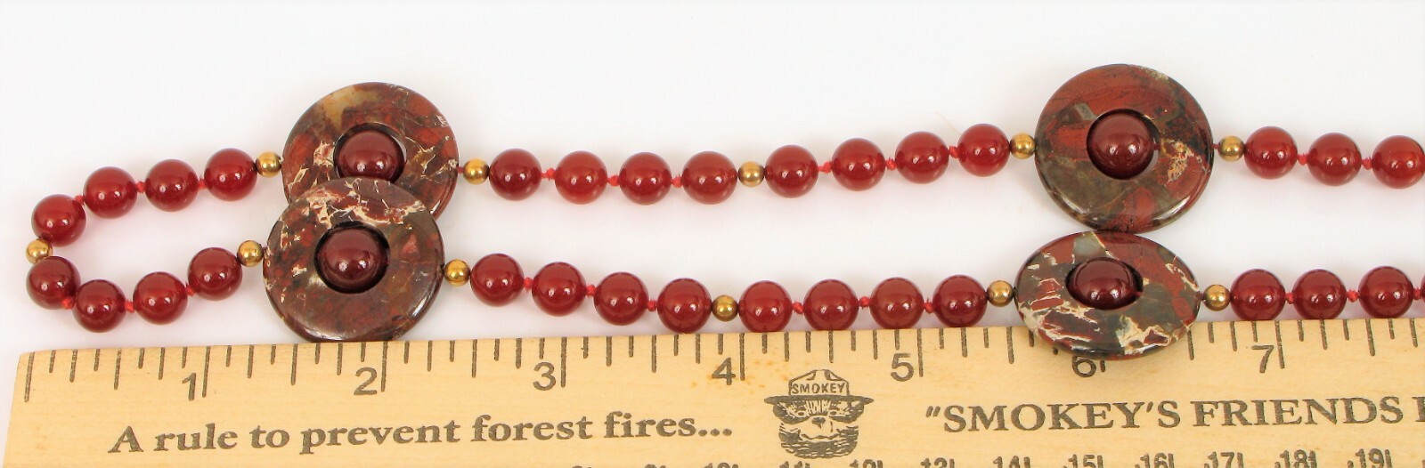 VINTAGE BEAUTIFUL 14K YELLOW GOLD BEAD 34″ LONG NICE RED STONE NECKLACE 76 GRAMS