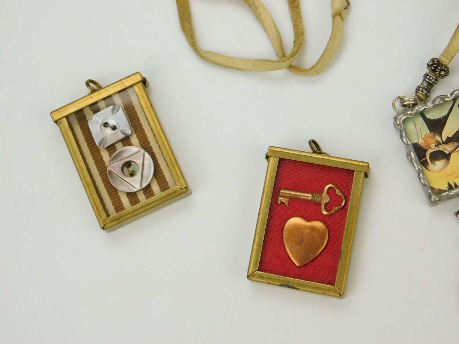 Lot of Artisan Made Jewelry Necklace Pendants Brooch Glass Eyes Hands Keys Birds
