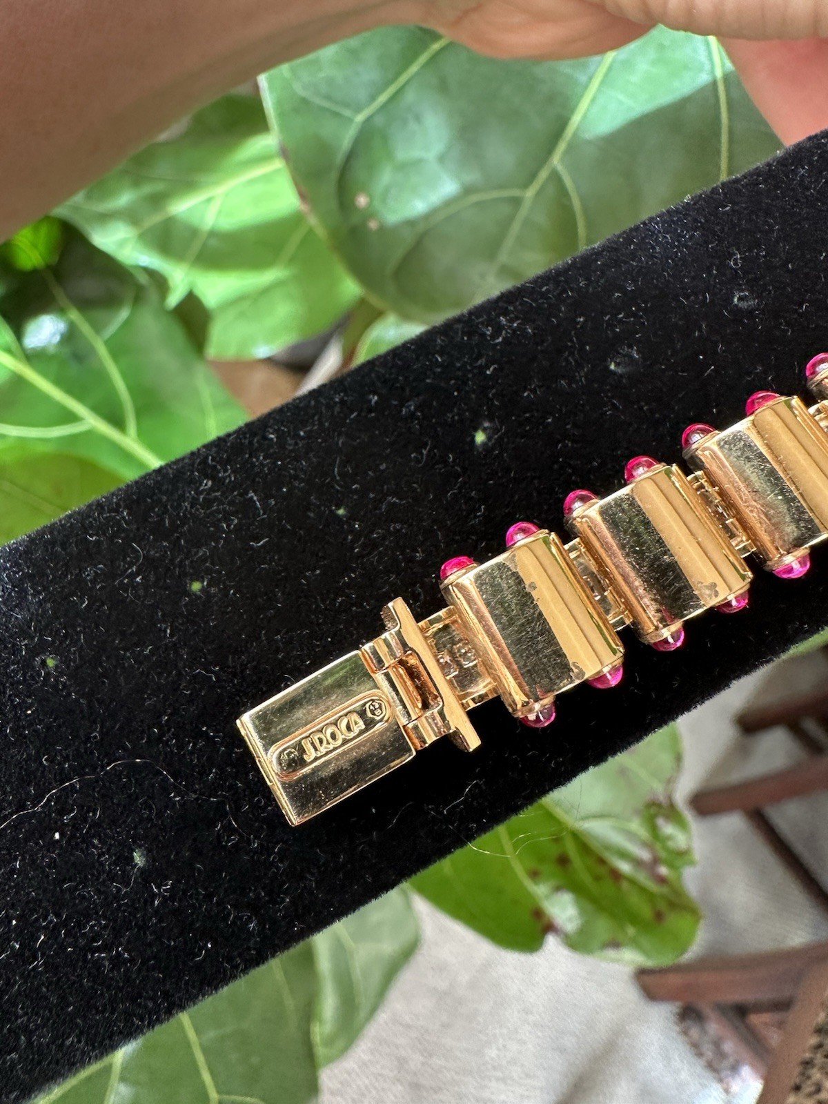 Signed J. Roca Retro Diamond & Cabochon Ruby Bracelet – 18k Rose Gold