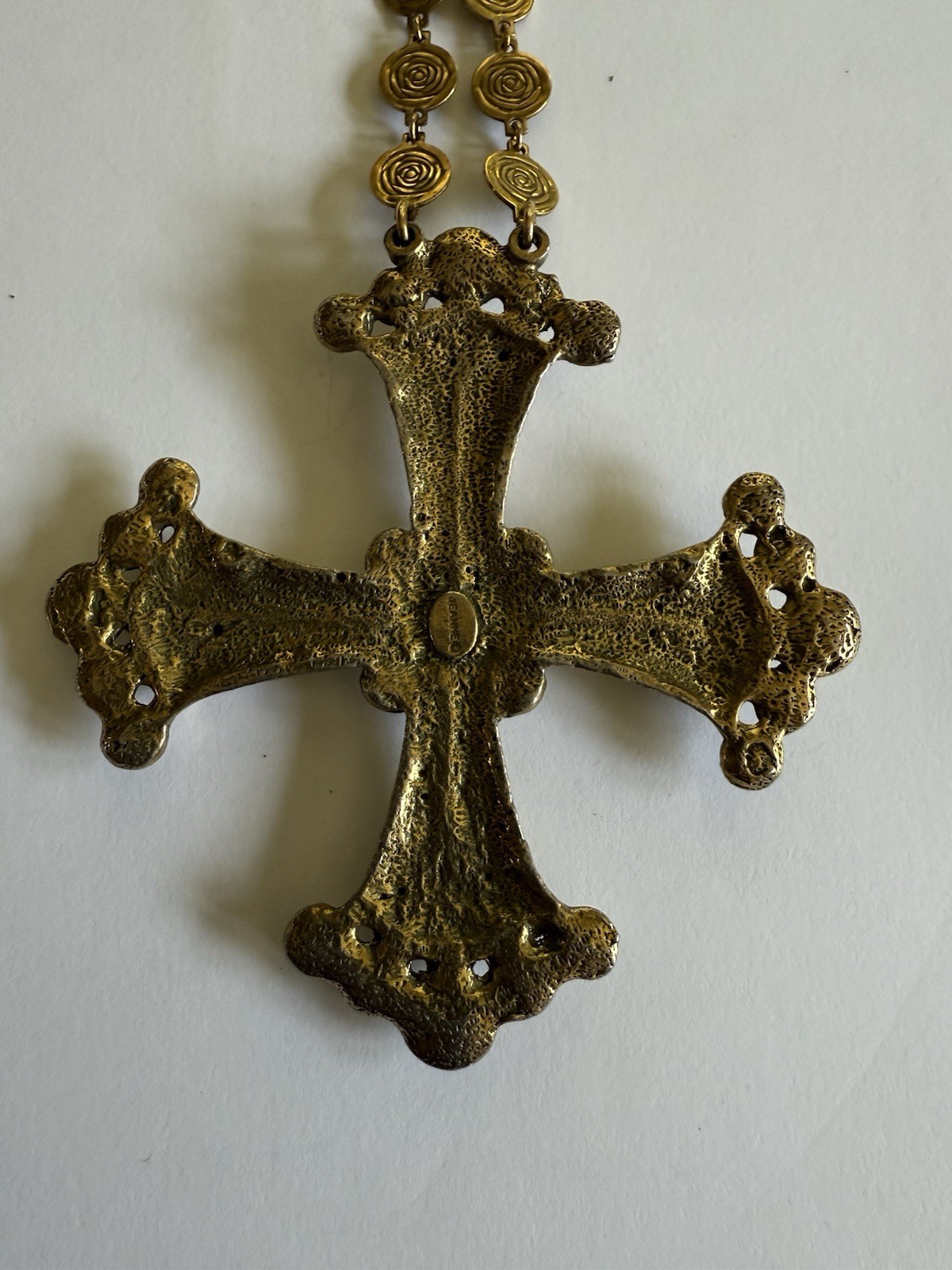 Vintage Jeanne Signed 1960s Maltese Cross Goldtone LARGE Pendant Necklace