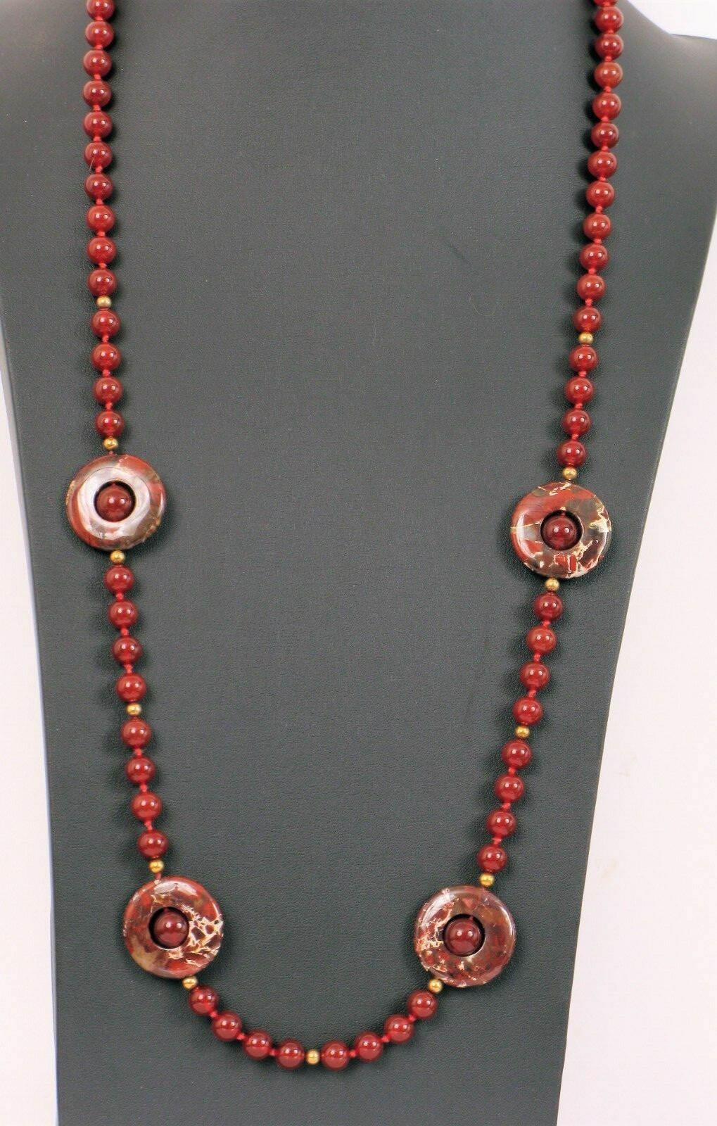 VINTAGE BEAUTIFUL 14K YELLOW GOLD BEAD 34″ LONG NICE RED STONE NECKLACE 76 GRAMS