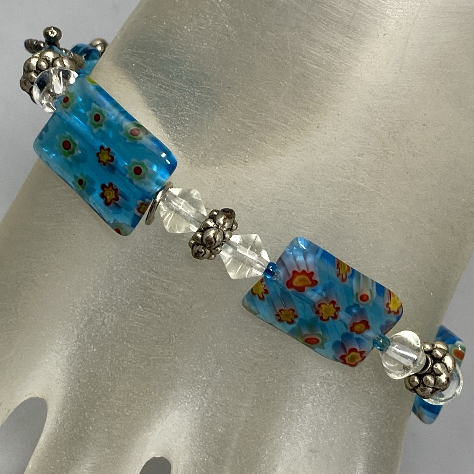 Millefiori Glass Bead Bracelet Blue Multicolor Flowers Clear Bicone Crystals 7.5