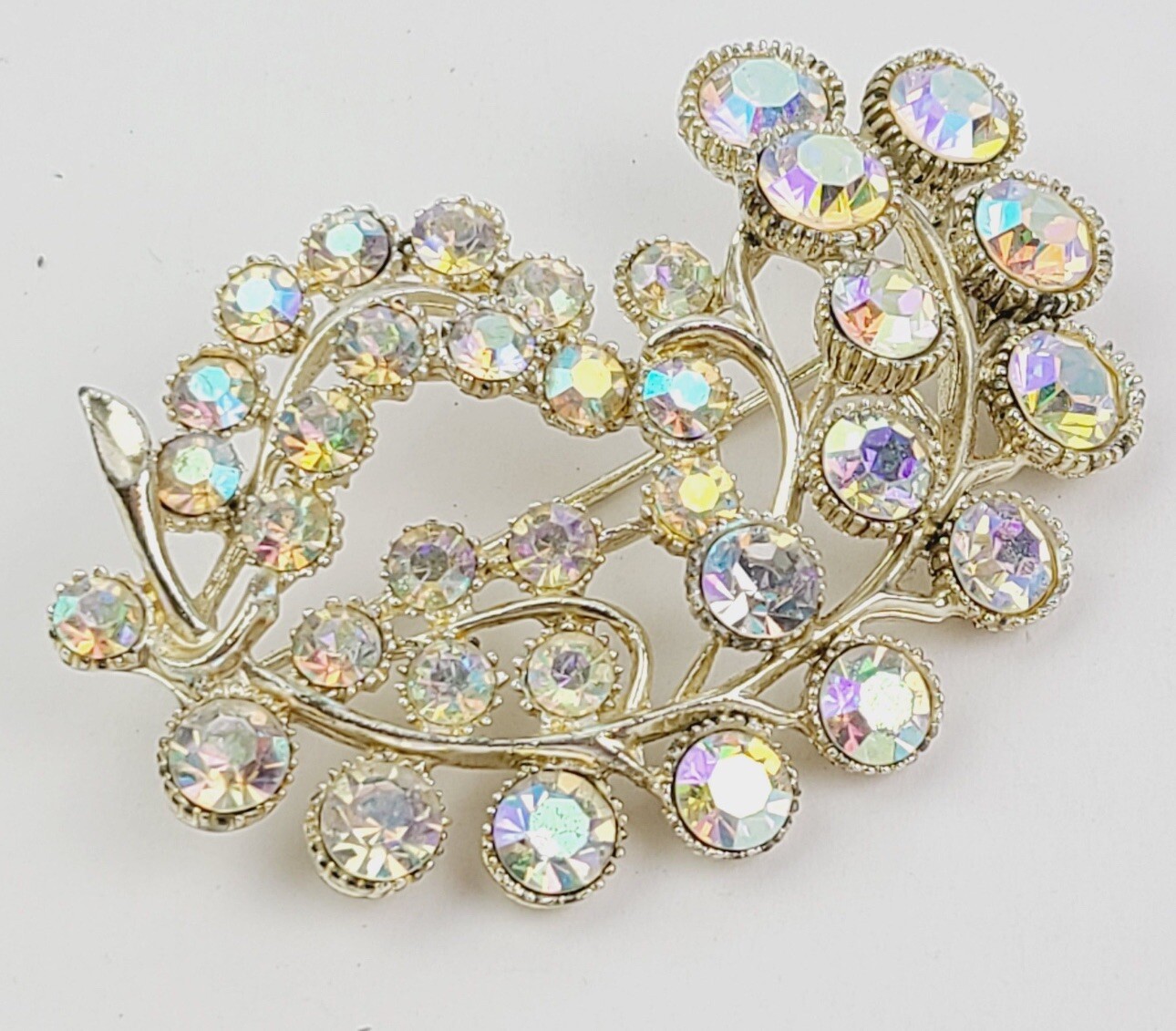 Vintage 1950’s BSK Aurora Borealis Crystals~Floral Bouquet Design Gold Brooch