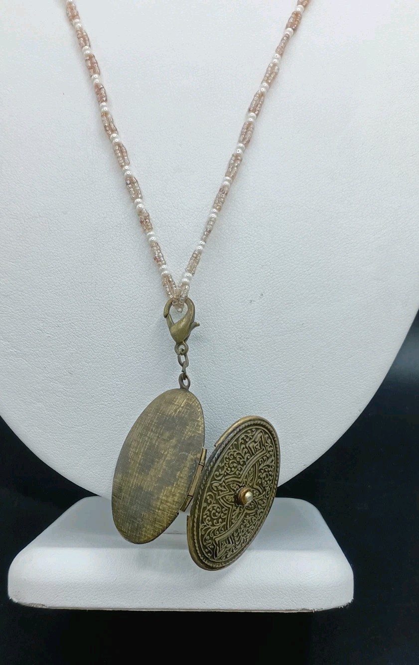 Vintage Coldwater Creek Celtic Cross Locket Necklace Seed Bead Faux Pearl