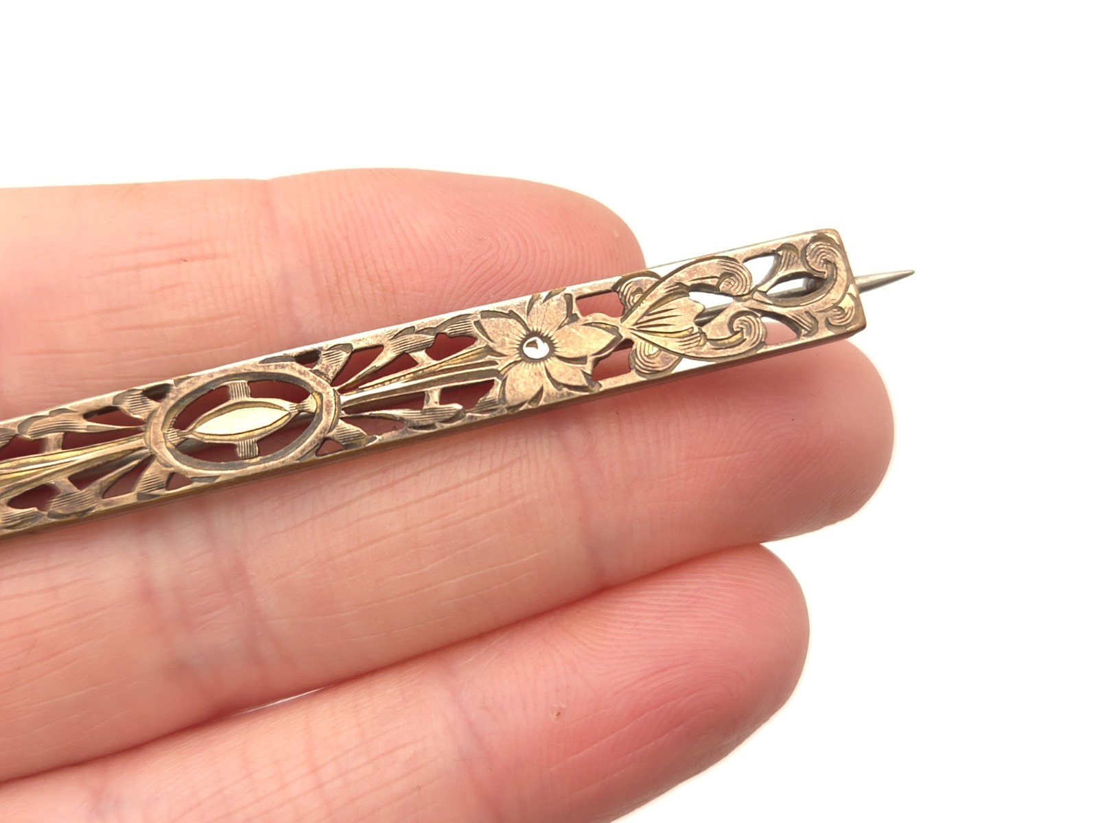 Antique Victorian Gold Filled Signed AP Floral Filigree Large Bar Pin Brooch