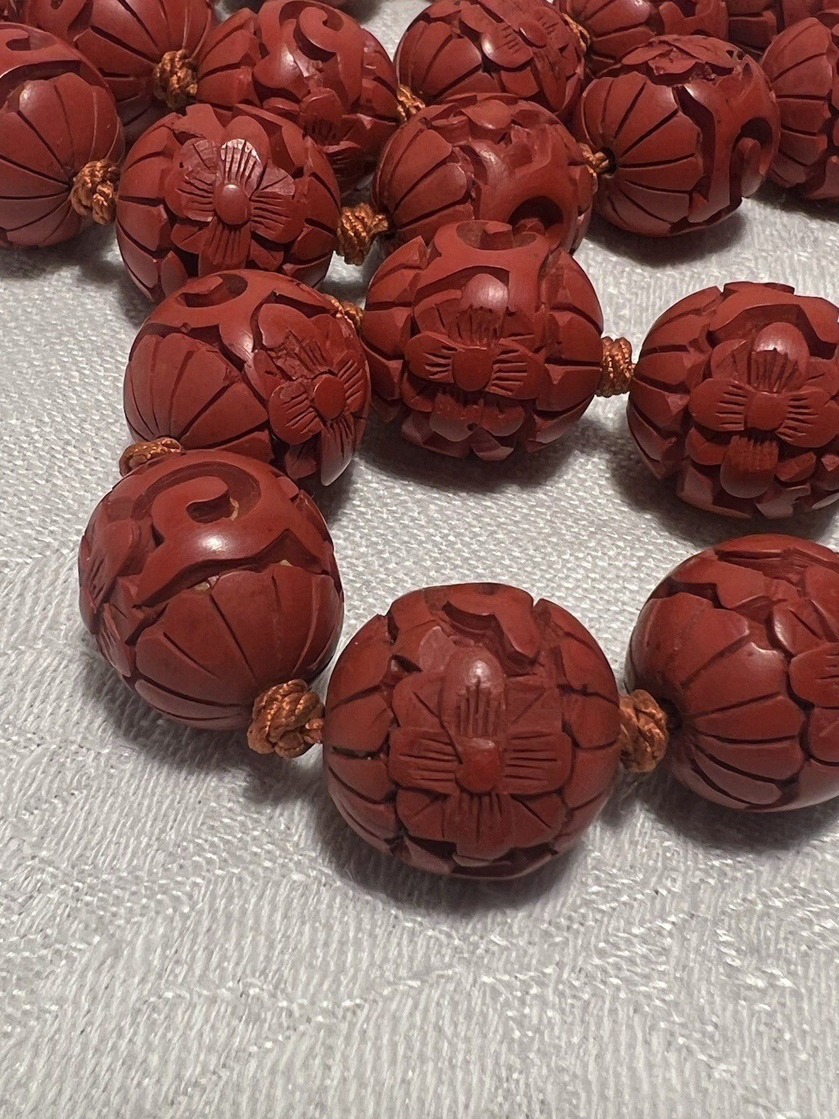 Vtg. 26” Chinese Carved Cinnabar Lacquer 1/2”Bead Necklace Silver Filigree Clasp