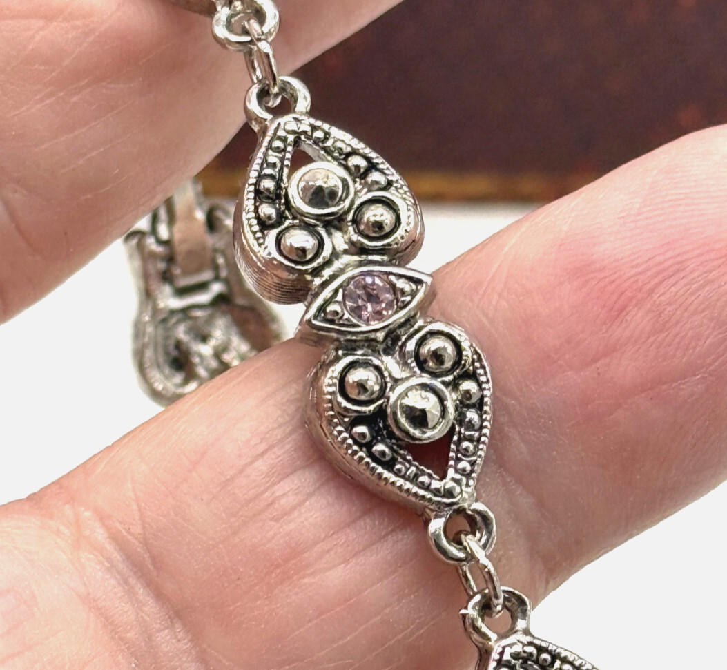 Vintage Avon Silver Tone Heart Bracelet w/ Pink Rhinestones & Marcasites 7.25 IN