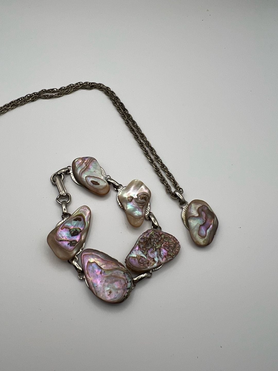 Vintage Abalone Shell Link Bracelet and Pendant Necklace Set