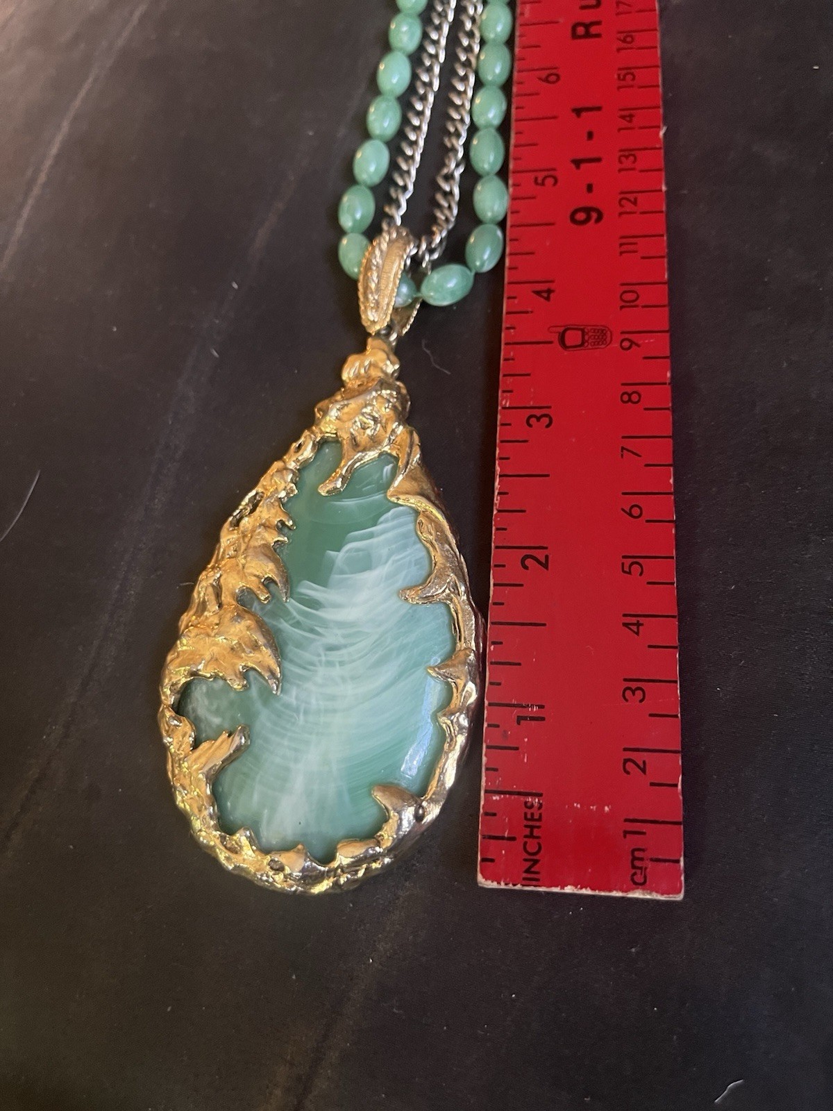 Vtg 1960s Brutalist MCM Love Witch NECKLACE Emerald Tone Lucite Gold Pendant