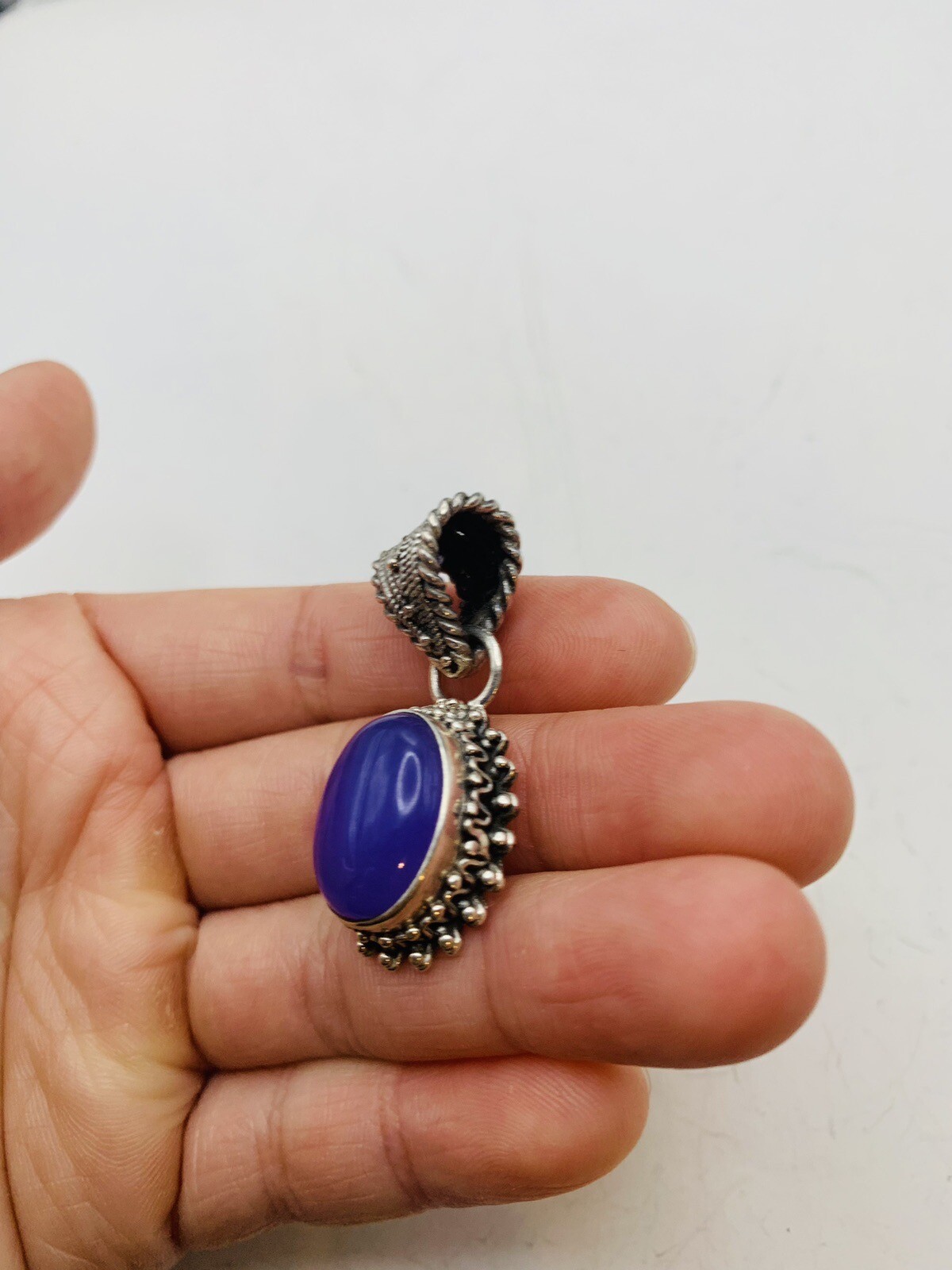 Vintage Sterling Silver Bohemian Purple Blue Oval Dainty Natural Stone Pendant