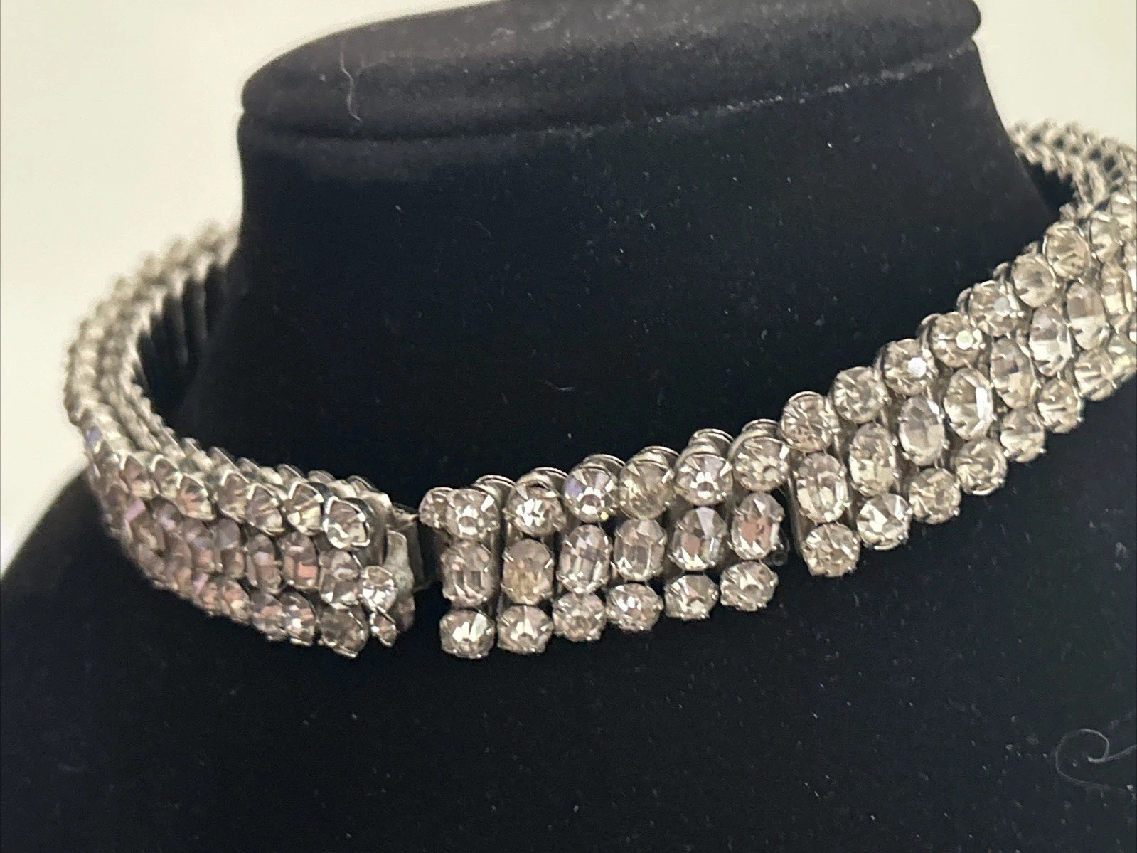 VTG 60s Rhinestone Stretch Expansion Trio-Cut Estate NECKLACE Statement 12.5 in