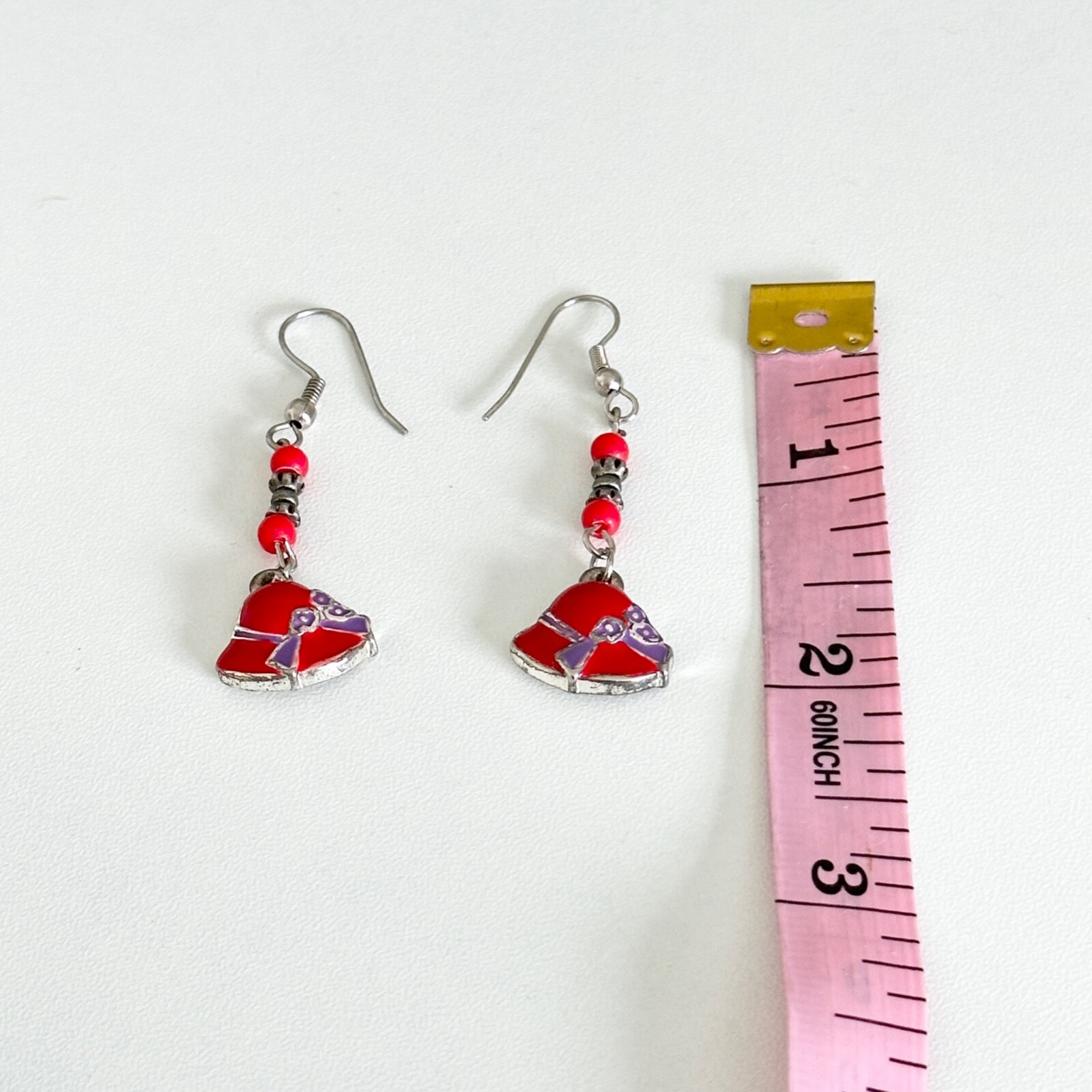 Vintage Red Purple Enamel Floral Bonnet Hat Silver Tone Pierced Drop Earrings