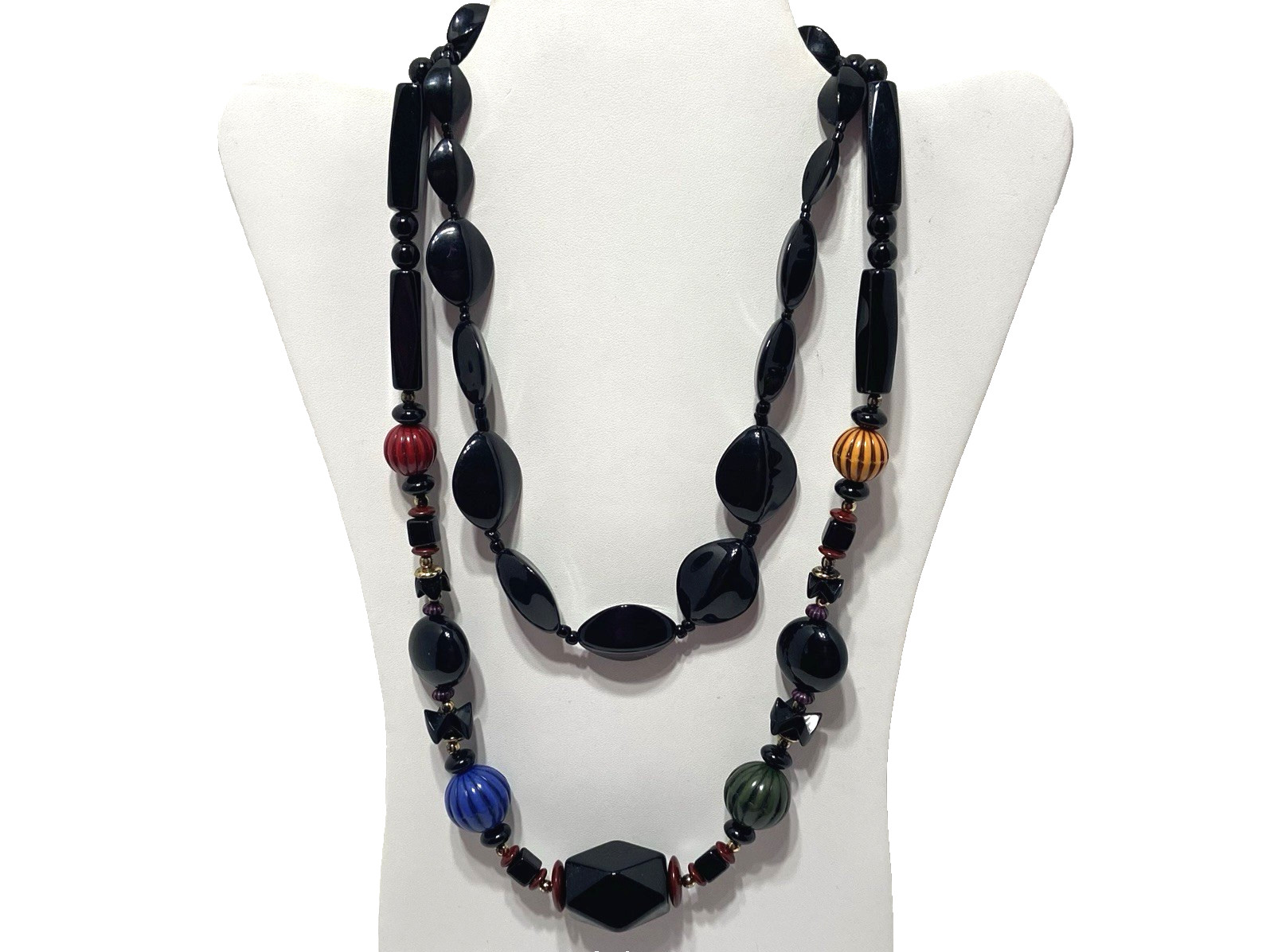 2 VTG 60s Bold Chunky Black Bead Necklaces: Multicolor Mod Lucite 26″ Solid 19″