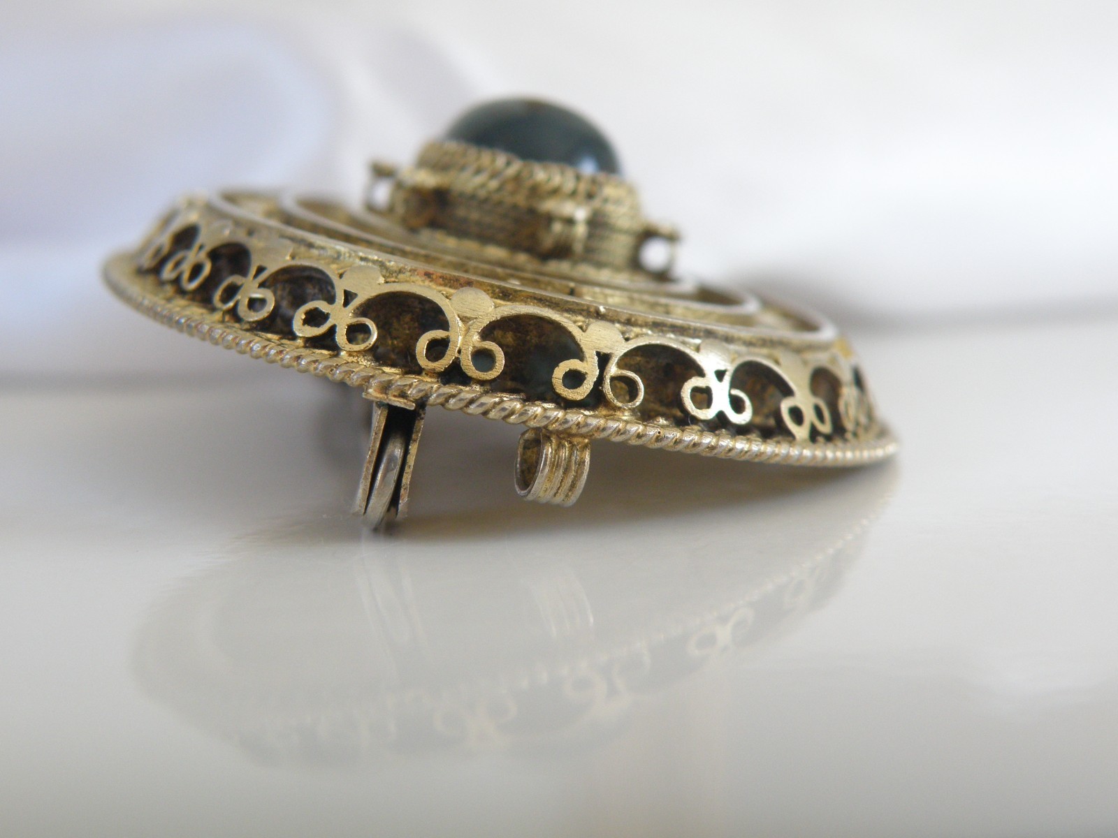 Vintage Silver Gold Plated Natura Bloodstone Large Filigree Brooch