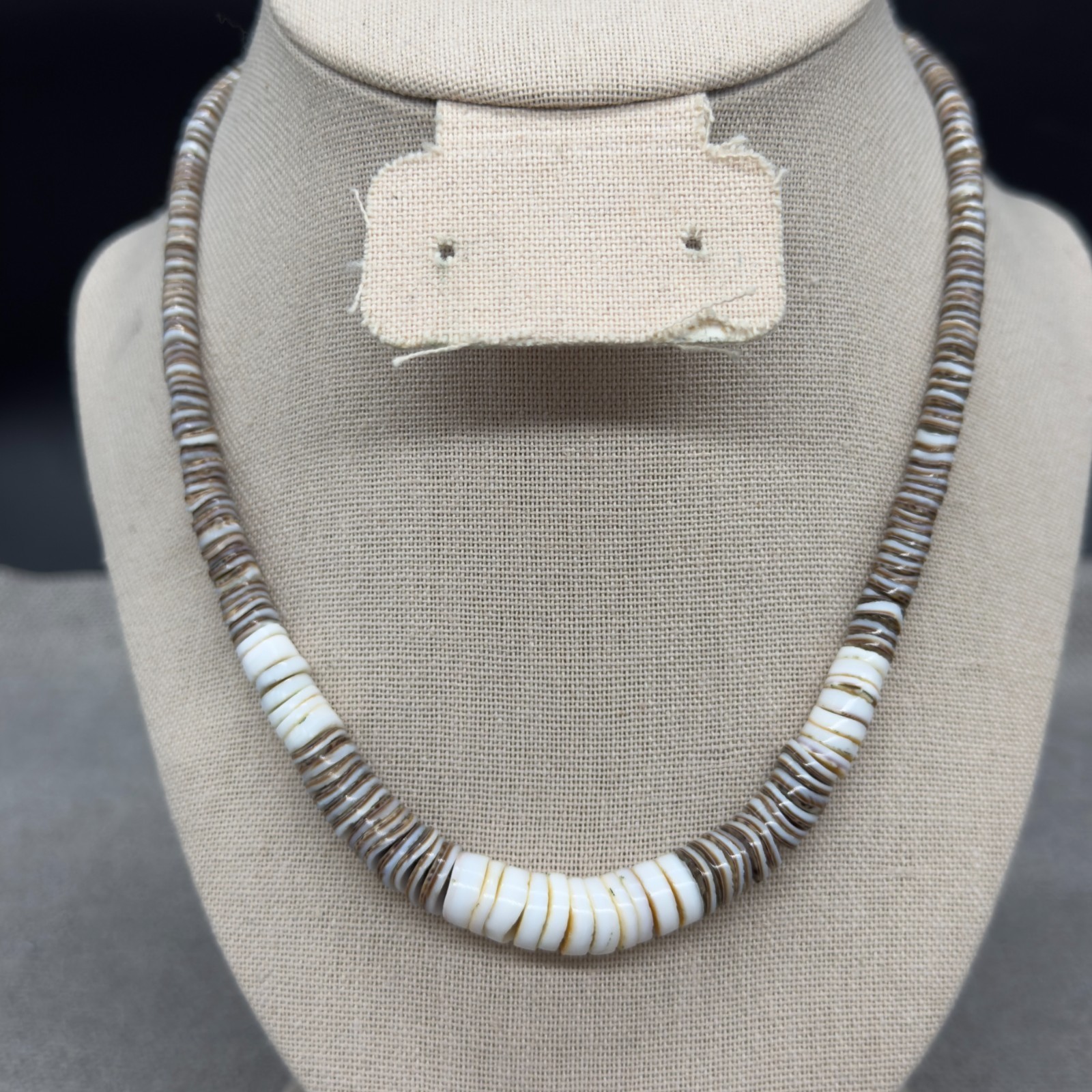 Vintage Heishi Necklace Brown White Shells Graduated Beads 15 Inches Surf Choker