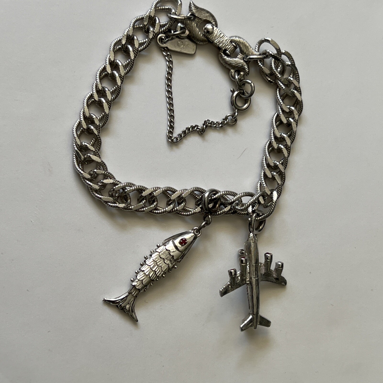 Vintage Silvertone Monet Starter Charm Bracelet Two Charms Airplane Fish 7″