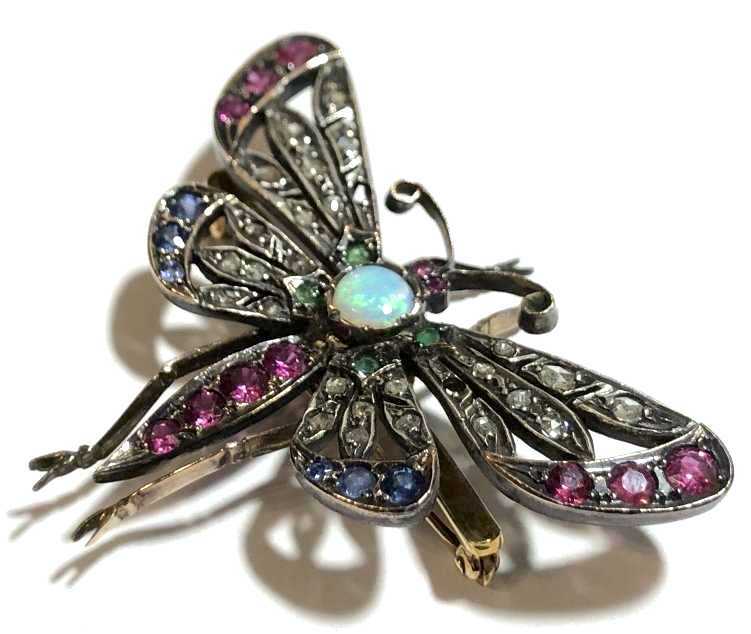 Butterfly Brooch Opal Diamond Rubies Sapphires Emeralds 19th Century