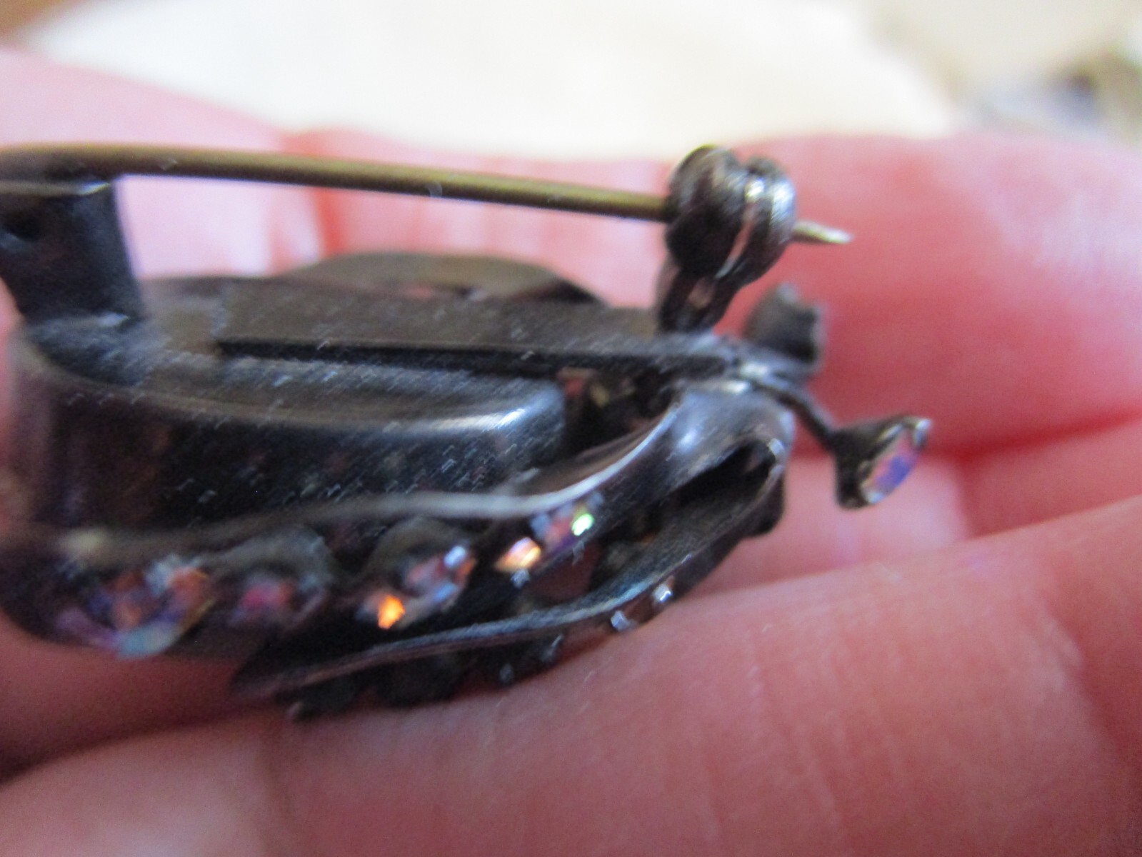 Unsigned Warner Vintage Bug Brooch, Brown/white rhinestone dark metal FE24-19