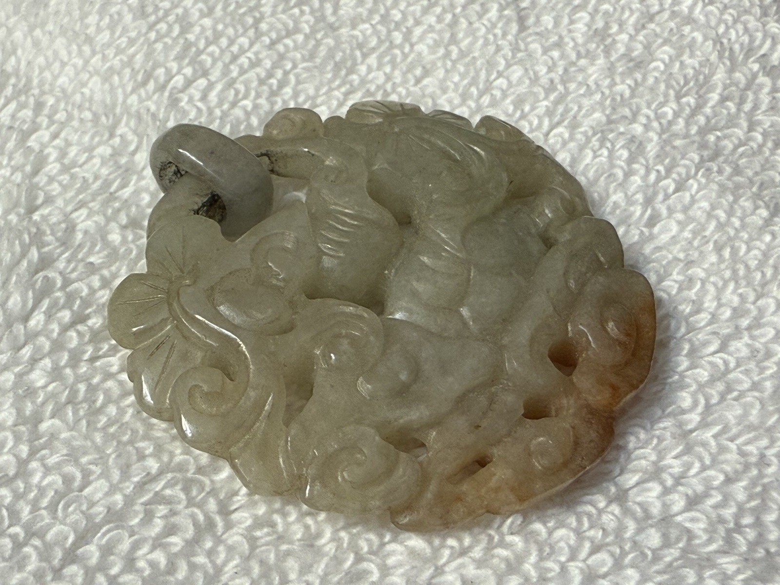 Vintage Carved Jadeite Pendant 26g Natural Green Russet Jade Child Lotus Motif