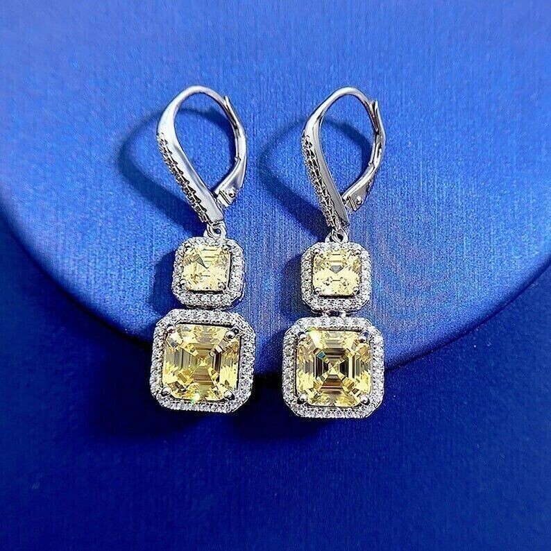Art Deco Asscher Cut Citrine Lab Created Diamond Engagement 925 Silver Earrings
