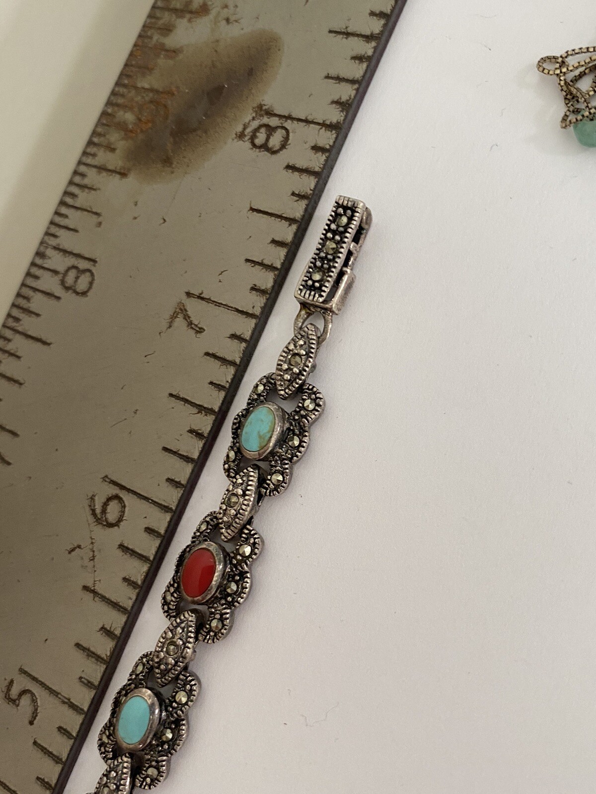 Vintage Sign Sterling Silver Multi Stone Turquoise Coral Marcasite Link Bracelet