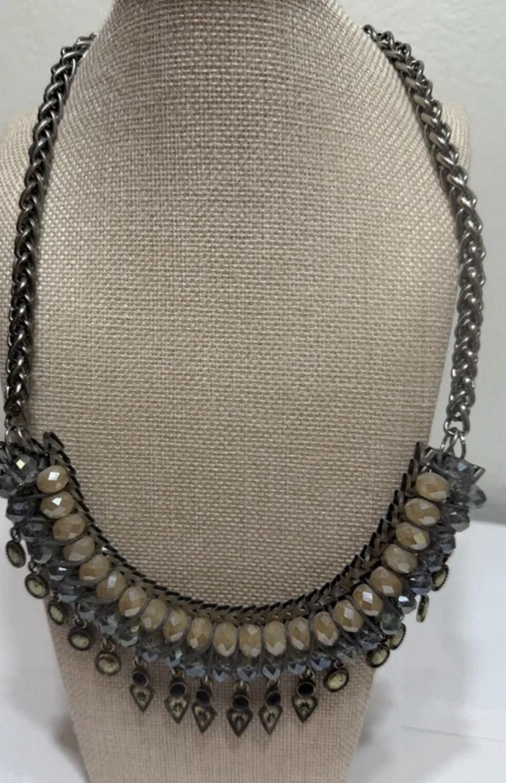 Vintage Necklace Layered Chain W Beaded Fringe & Dangling Charms J1