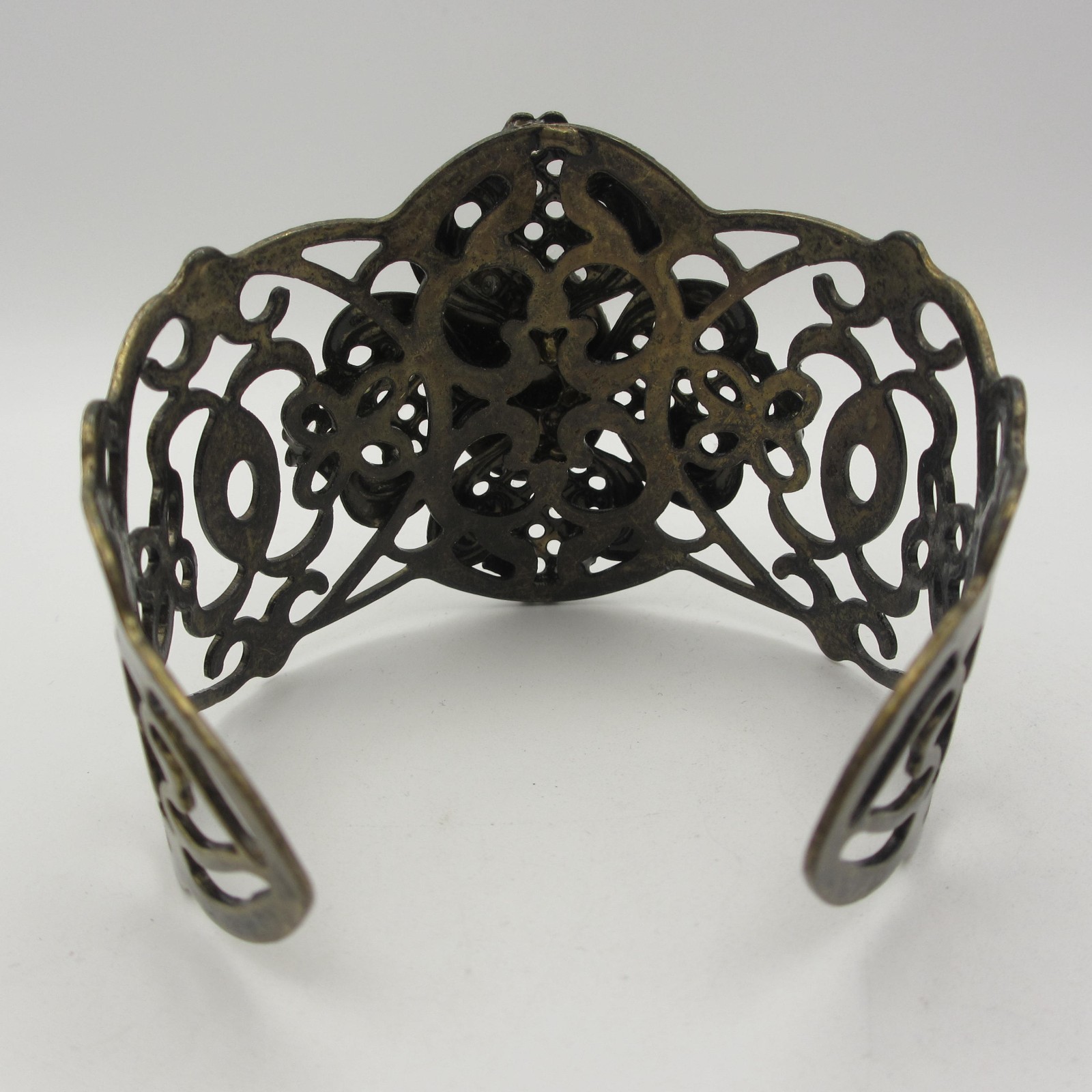 Vintage Open Cuff Bracelet Filigree Bronze Tone Blue Cabochon Statement
