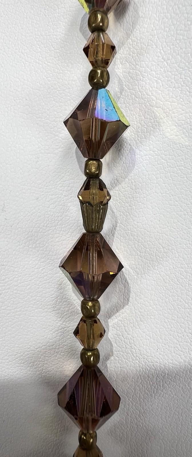 Vintage Faceted Bicone Crystal AB Bronze & Metal Spacers Long Graduated Necklace