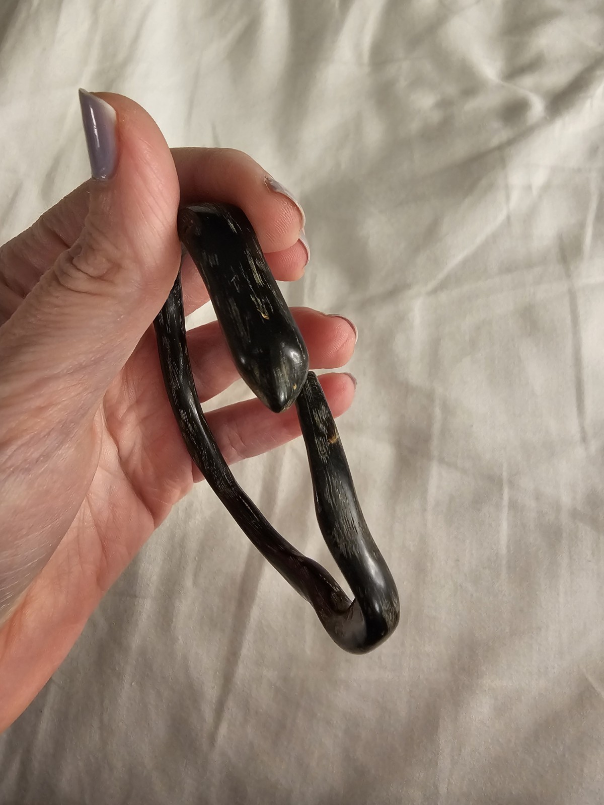 Vintage Black Coral Carved Snake Serpant Bangle Bypass 7.5″