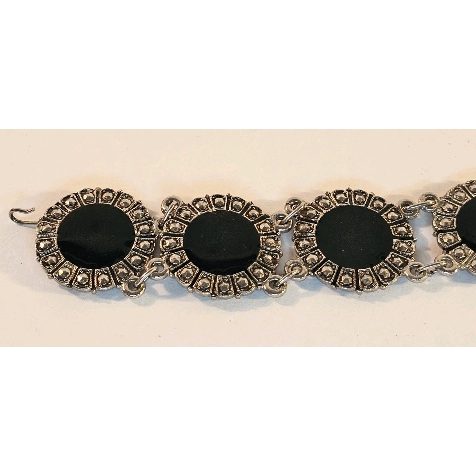 Vintage Souvenir Du Maroc Ornate Silver Bracelet w/Black Circles 8-9″