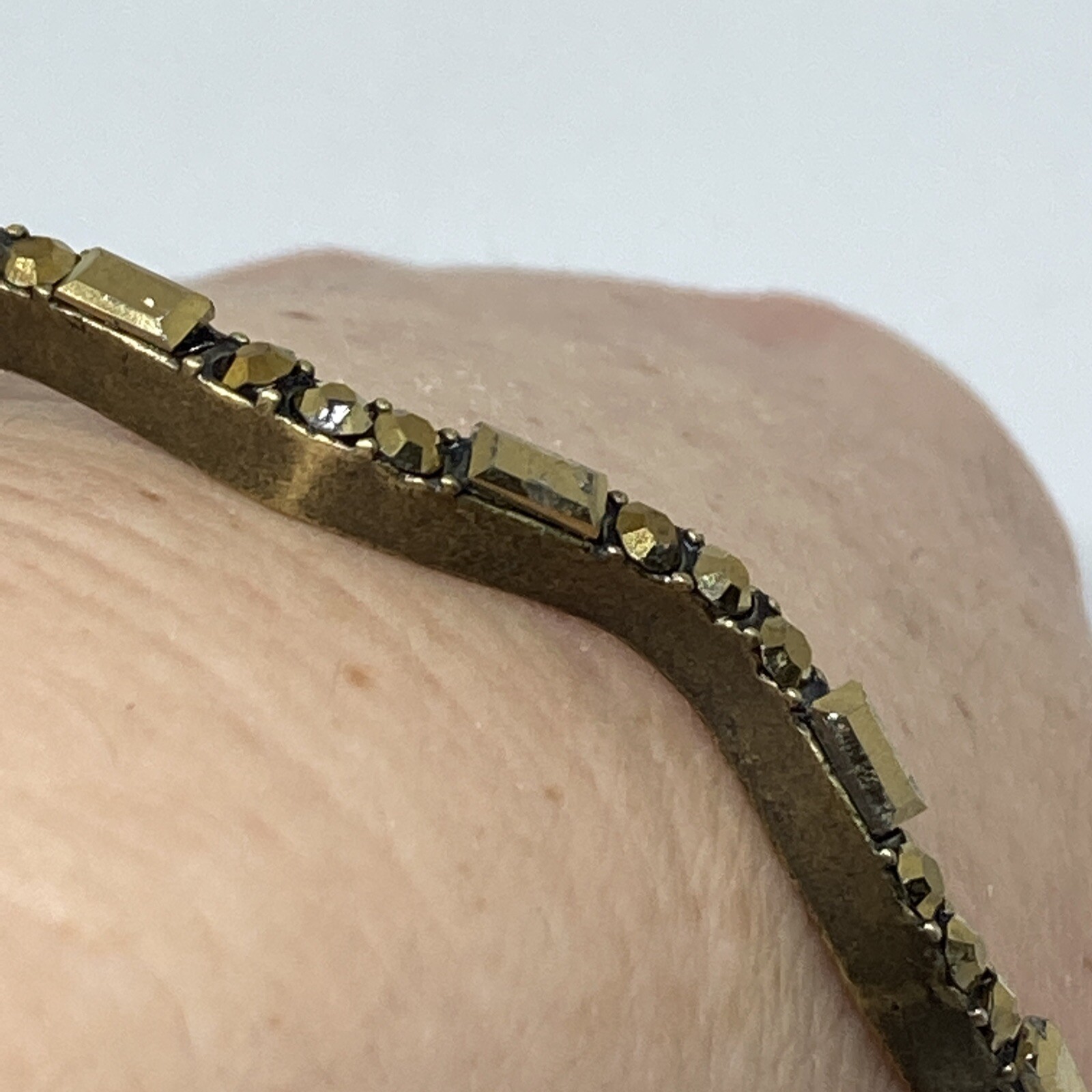 Solid Brass Wavy Bengal Bangle Bracelet w Round and Emerald Cut stones fits 8″